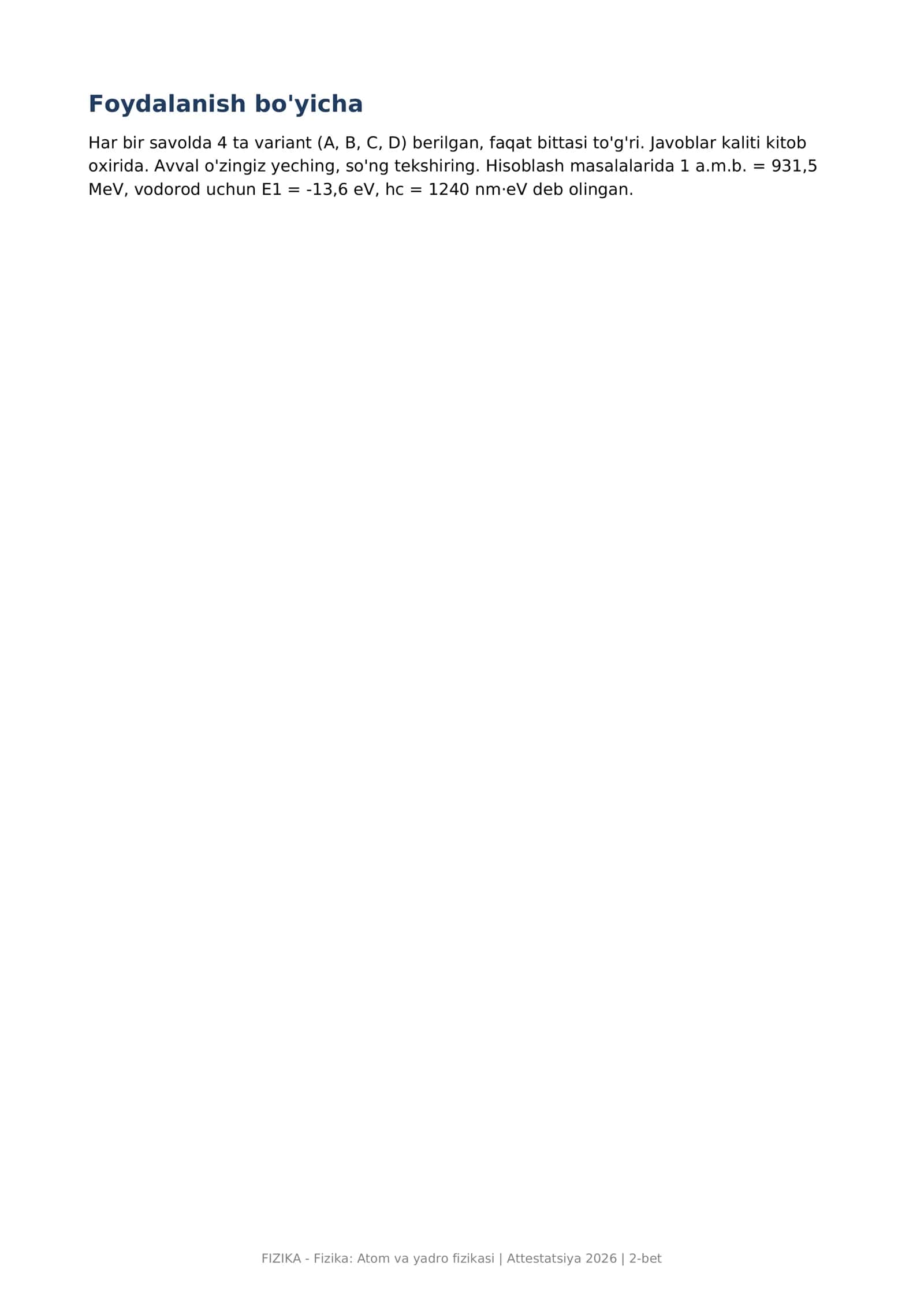 Fizika: Atom va yadro fizikasi PDF tayyor: 400 ta test, javoblar kaliti bilan (Fizika_Atom_testlar.p 2