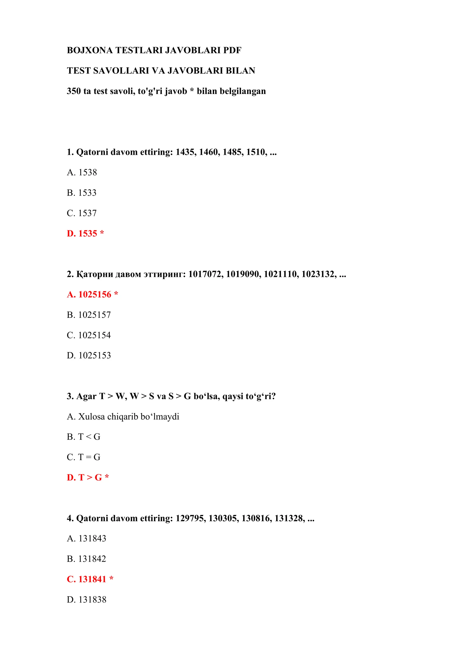 BOJXONA TESTLARI JAVOBLARI PDF 2
