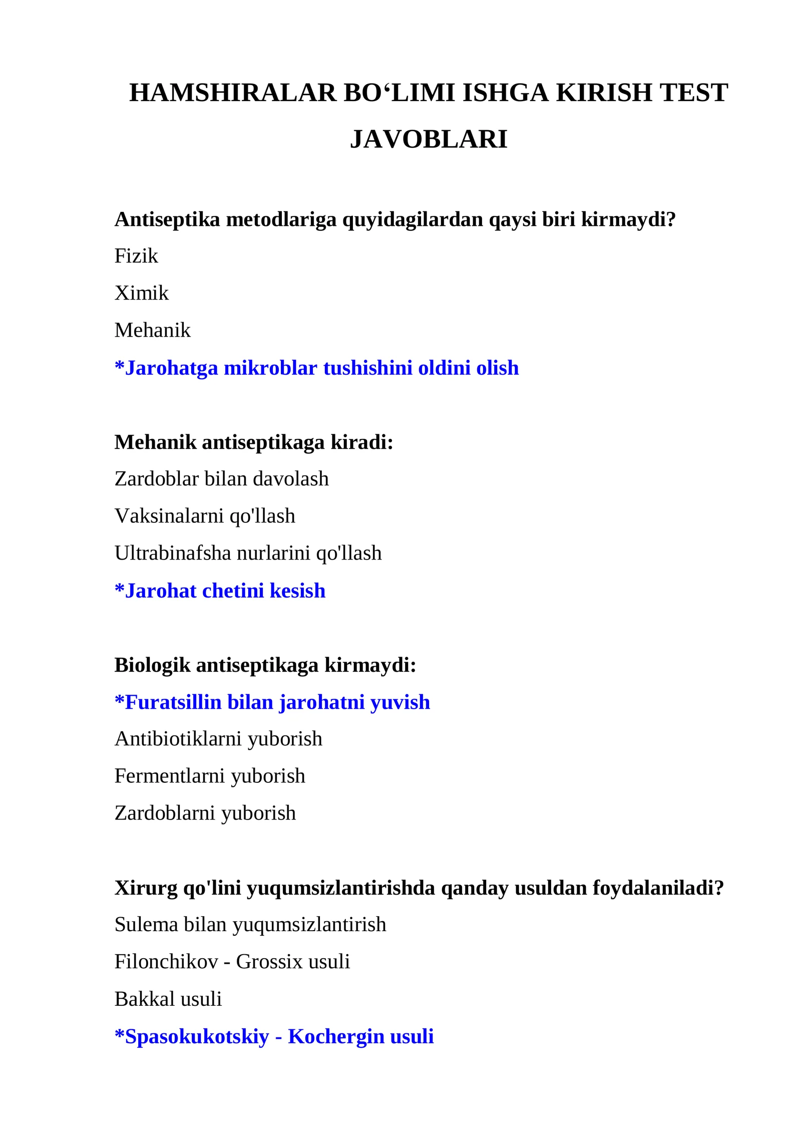 Hamshiralar bo‘limi ARGOS testi. Ishga kirish testi va test javoblari 2026 2