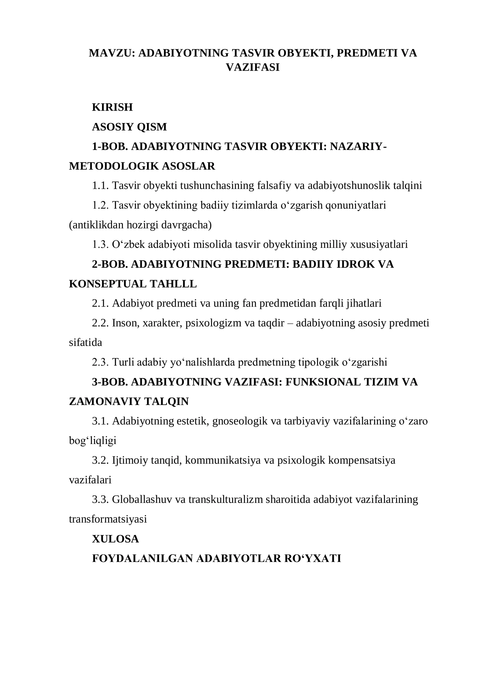 Adabiyotning tasvir obyekti, predmeti va vazifasi 2
