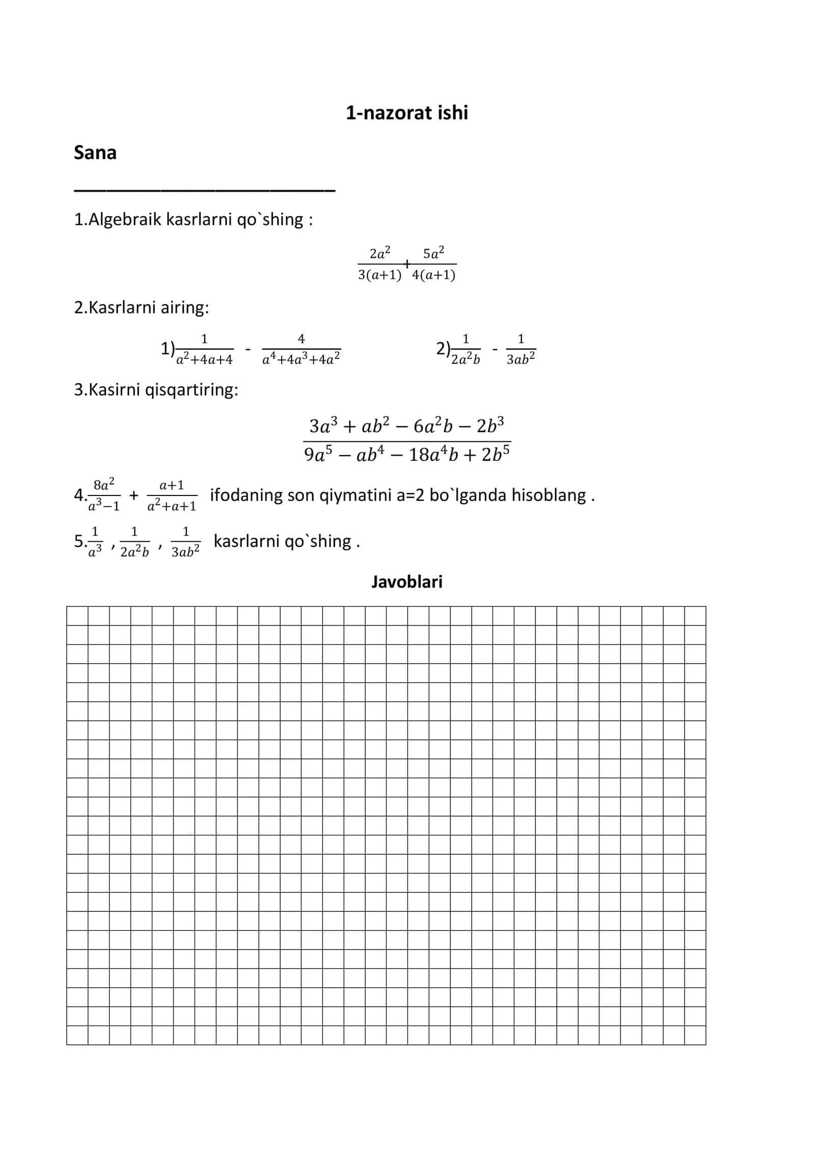 8 - sinf algebra geometriya nazorat ishi kitobchasi 2