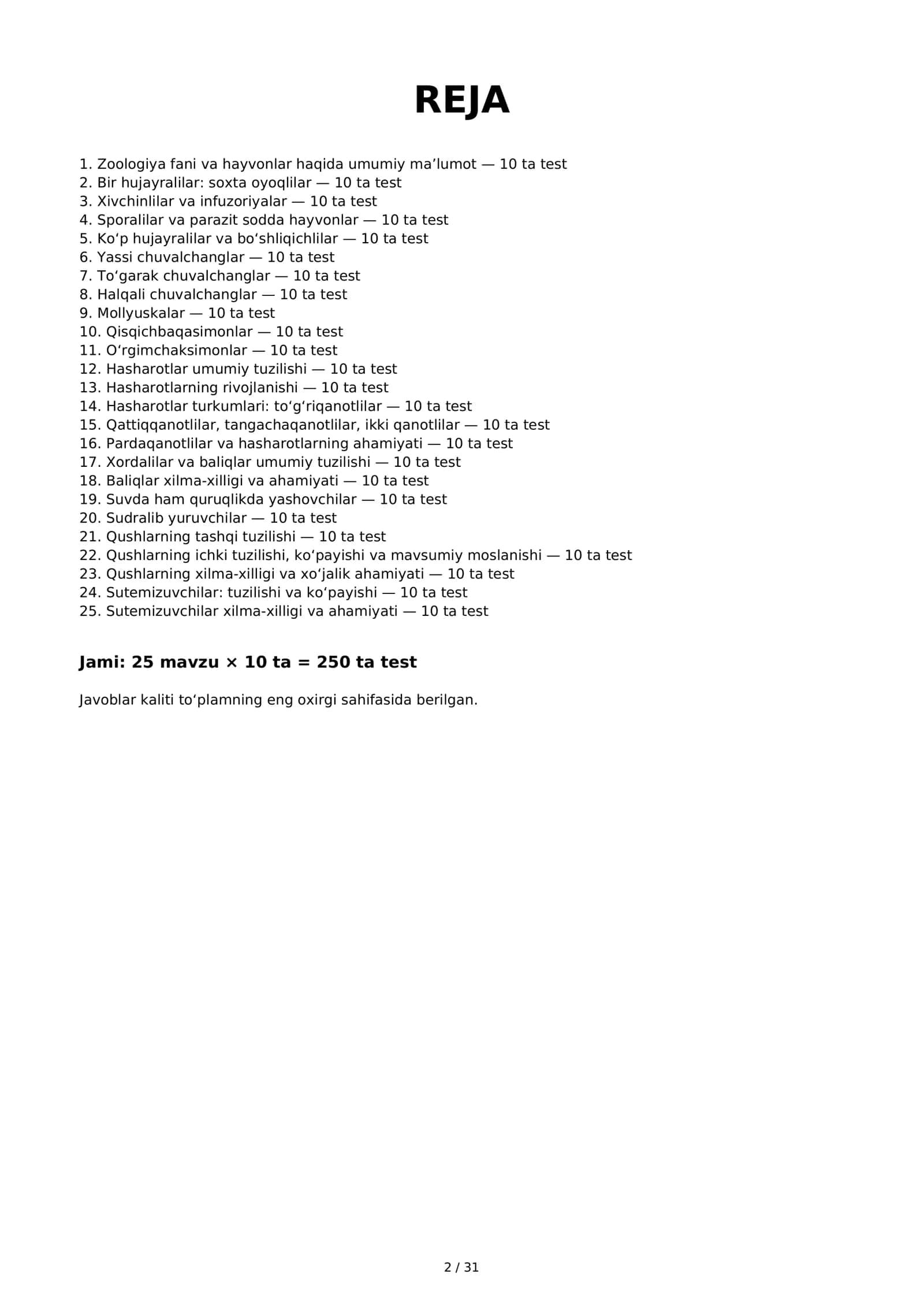 7-SINF ZOOLOGIYA Fanidan 250 mavzulashtirilgan test 2