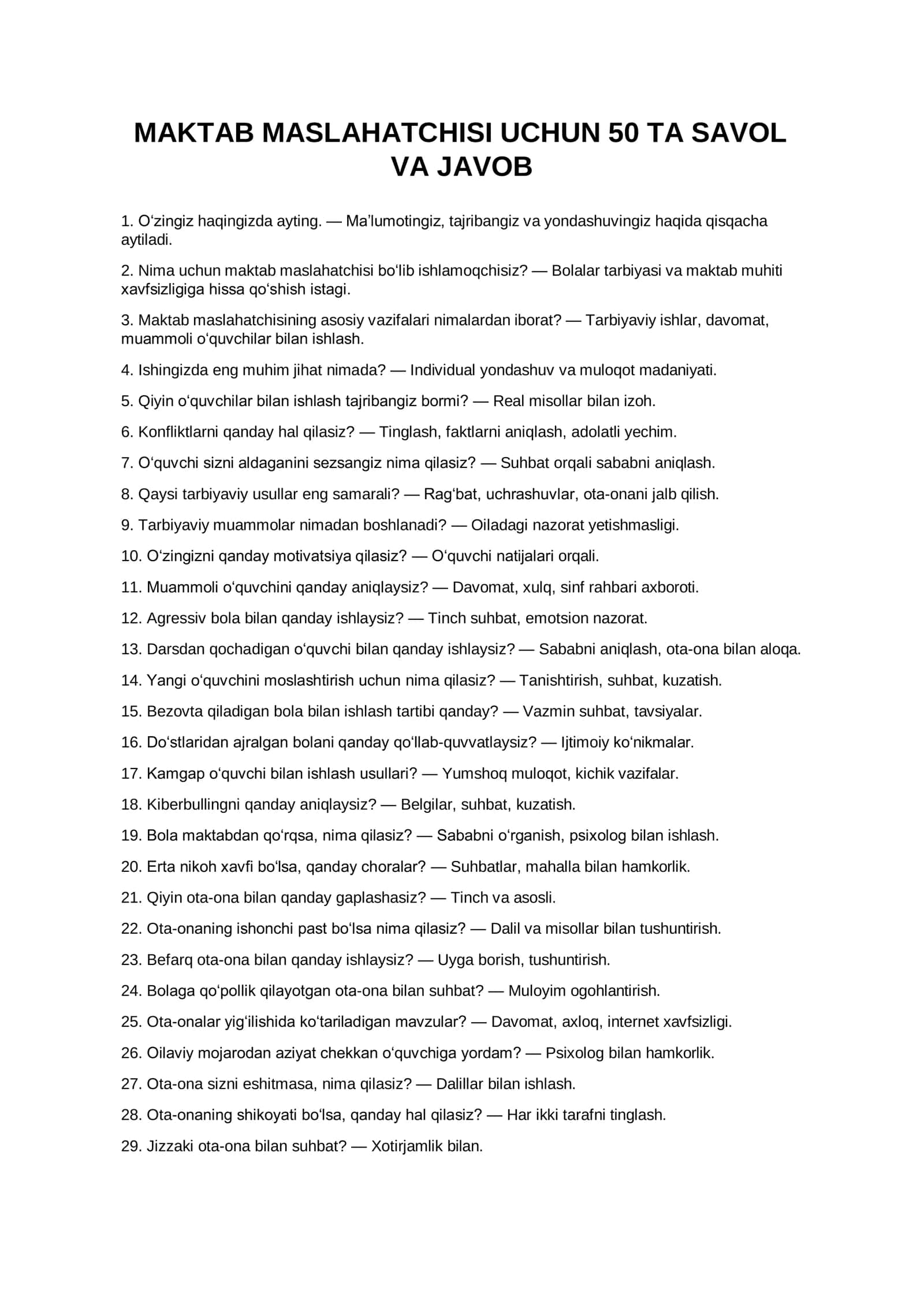 MAKTAB MASLAHATCHISI UCHUN 50 TA SAVOL VA JAVOB 2