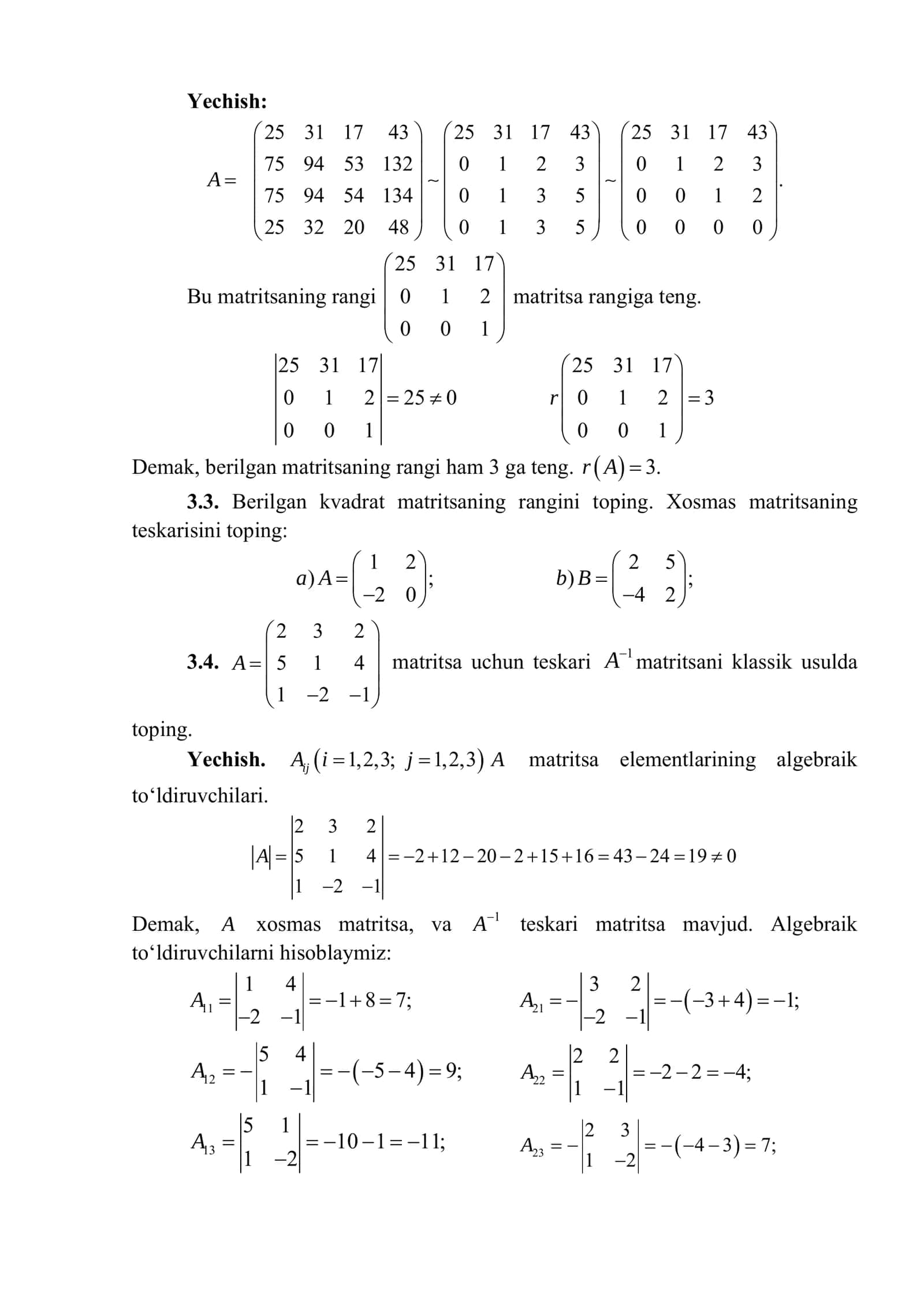 Amaliy mashg‘ulot. Matritsa rangi va teskari matritsa 2