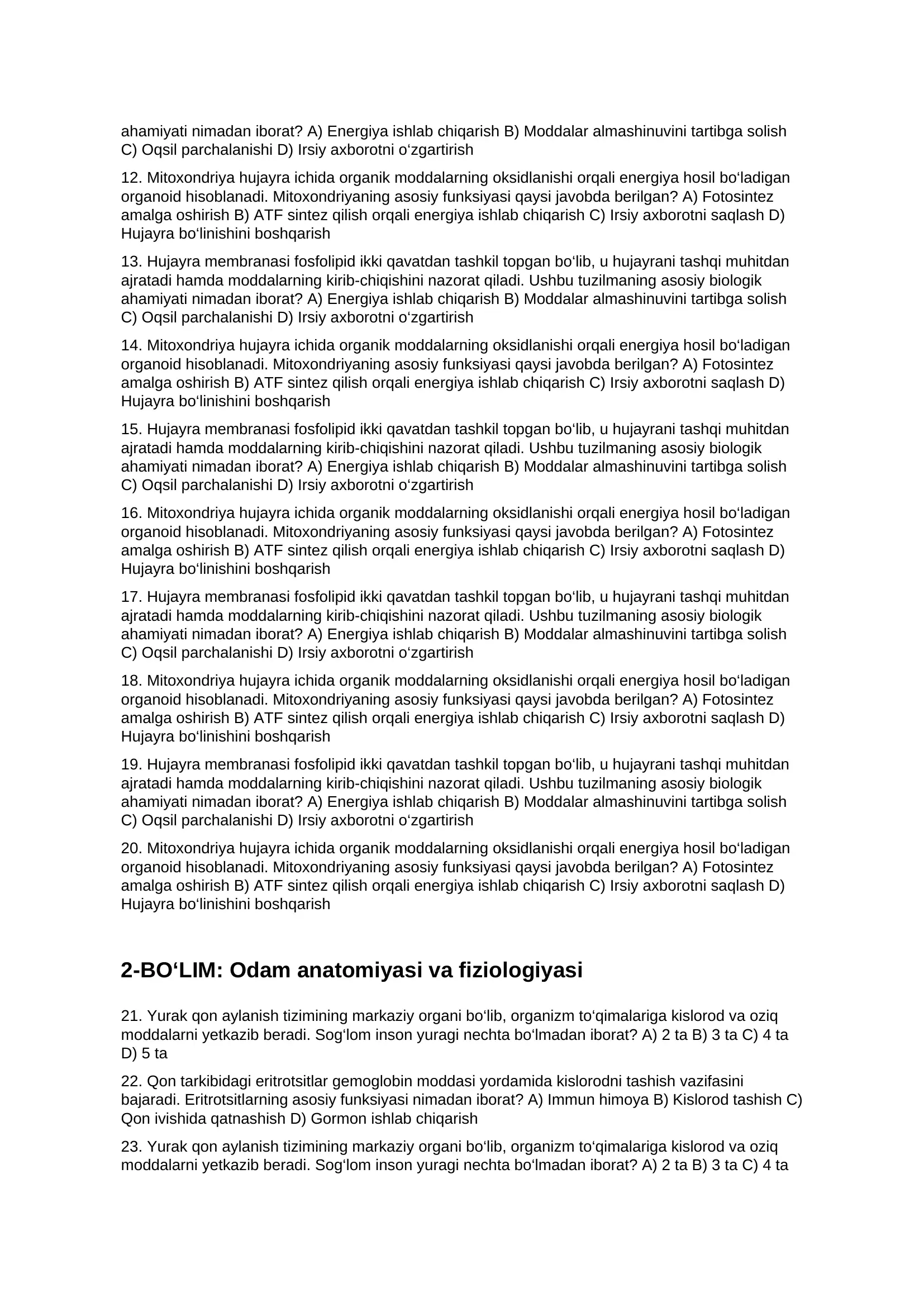 9-SINF BIOLOGIYA FANIDAN SERTIFIKAT TIZIMI BO‘YICHA TEST (100 SAVOL) 2