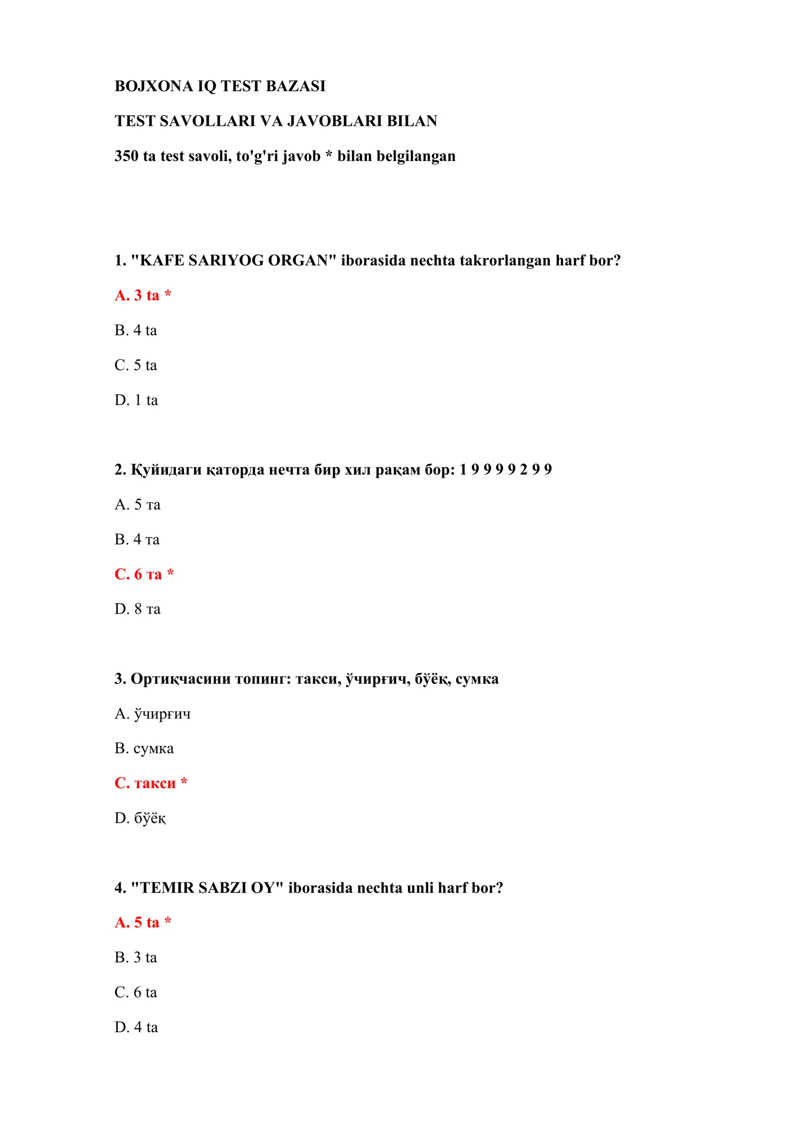 BOJXONA IQ TEST BAZASI 2