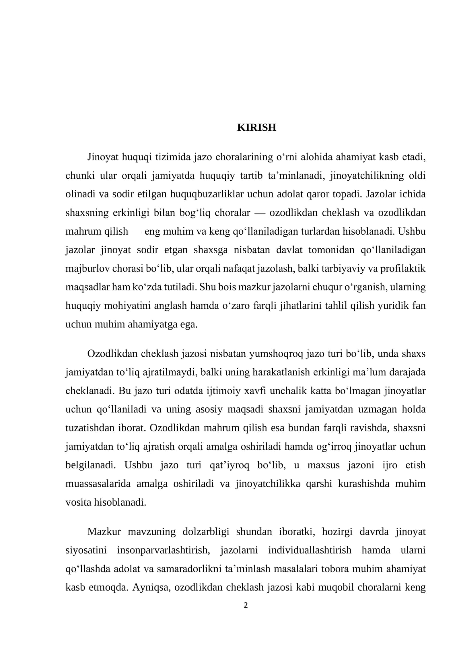 Jinoyat huquqi. Ozodlikni cheklash, ozodlikdan mahrum qilish kurs ishi. 2