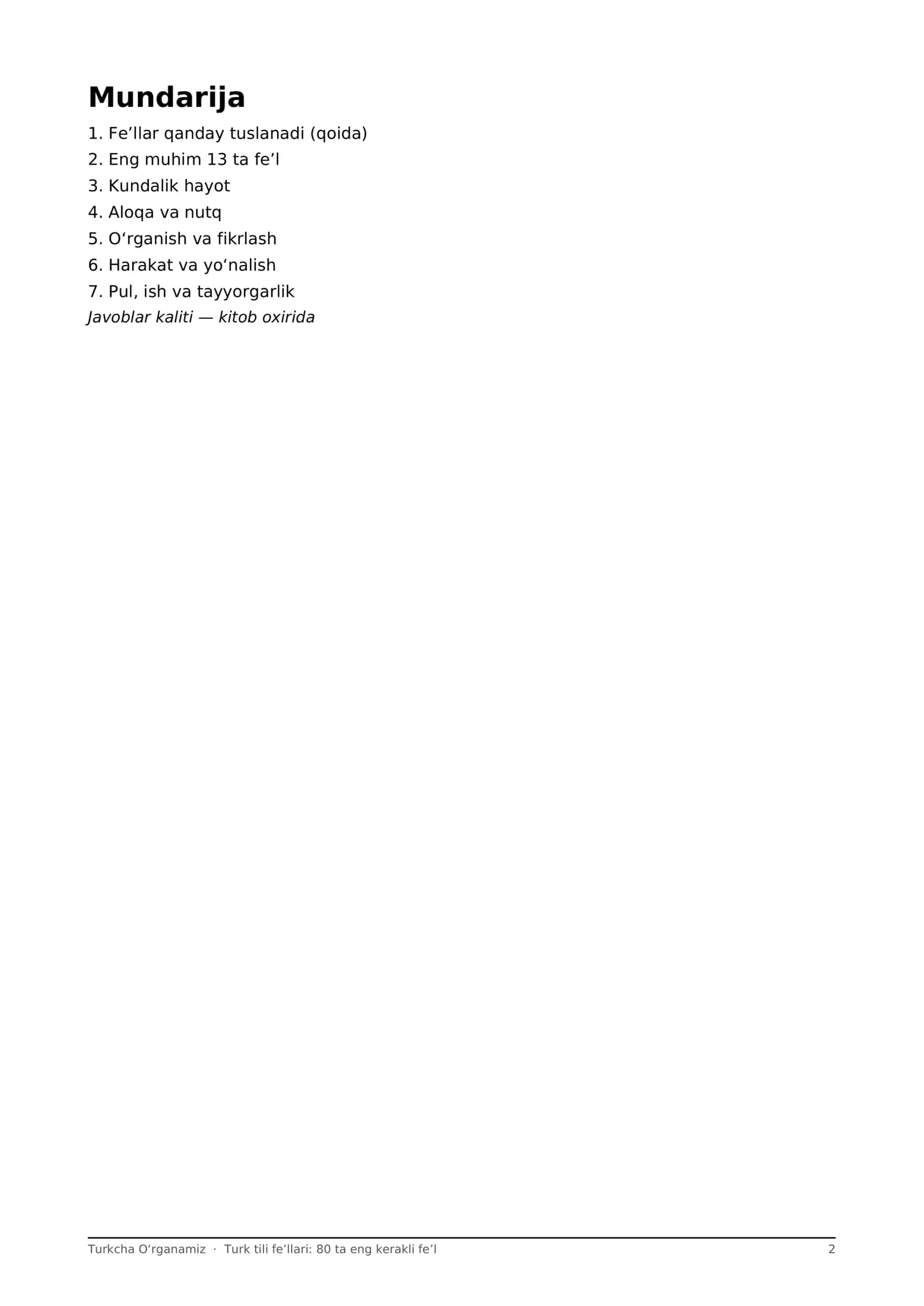Turk tili fe'llari: 80 ta eng kerakli fe'l, 4 zamonda tuslash + mashqlar (PDF) 2