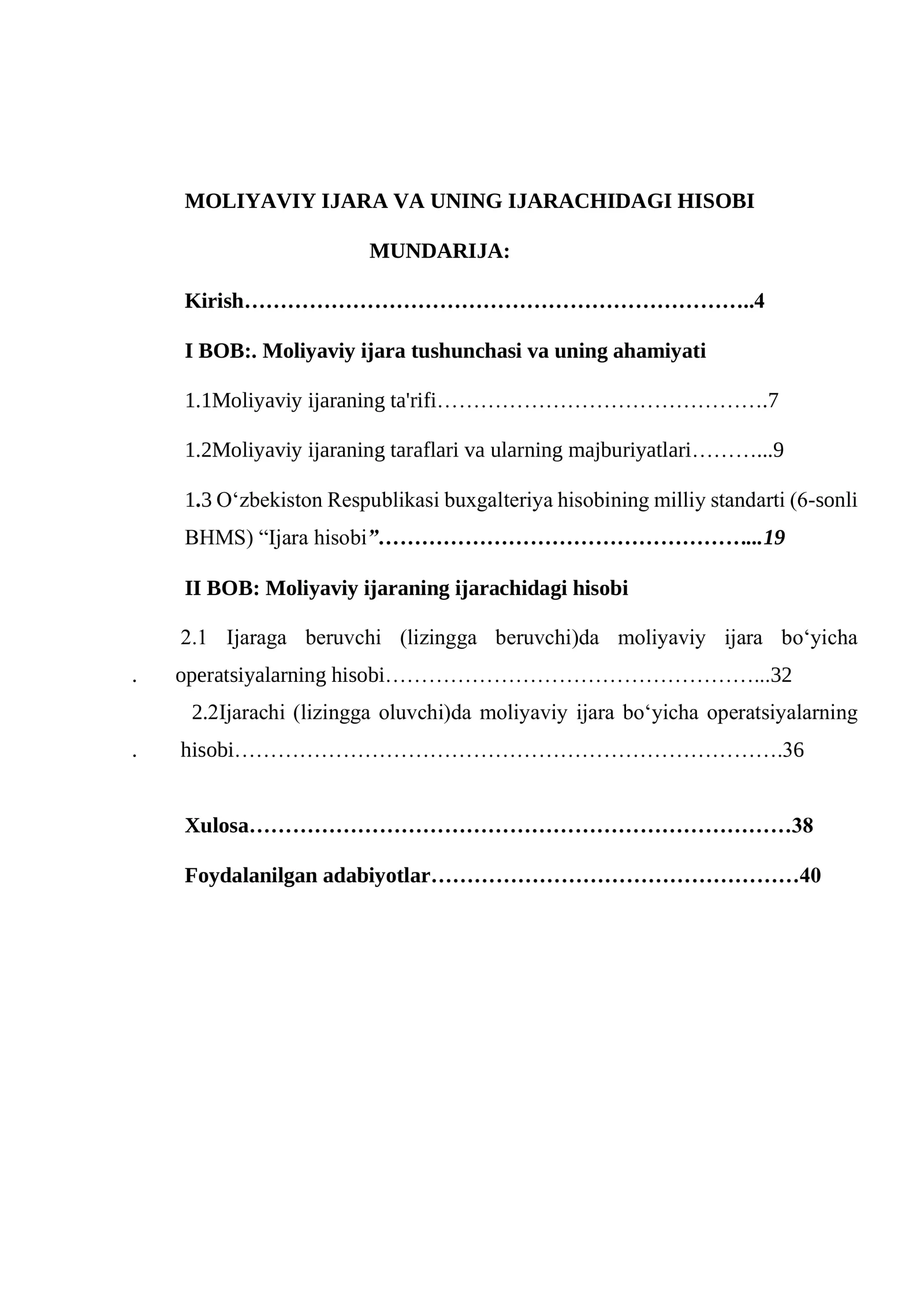 Moliyaviy ijaraning hisobi kurs ishi 2