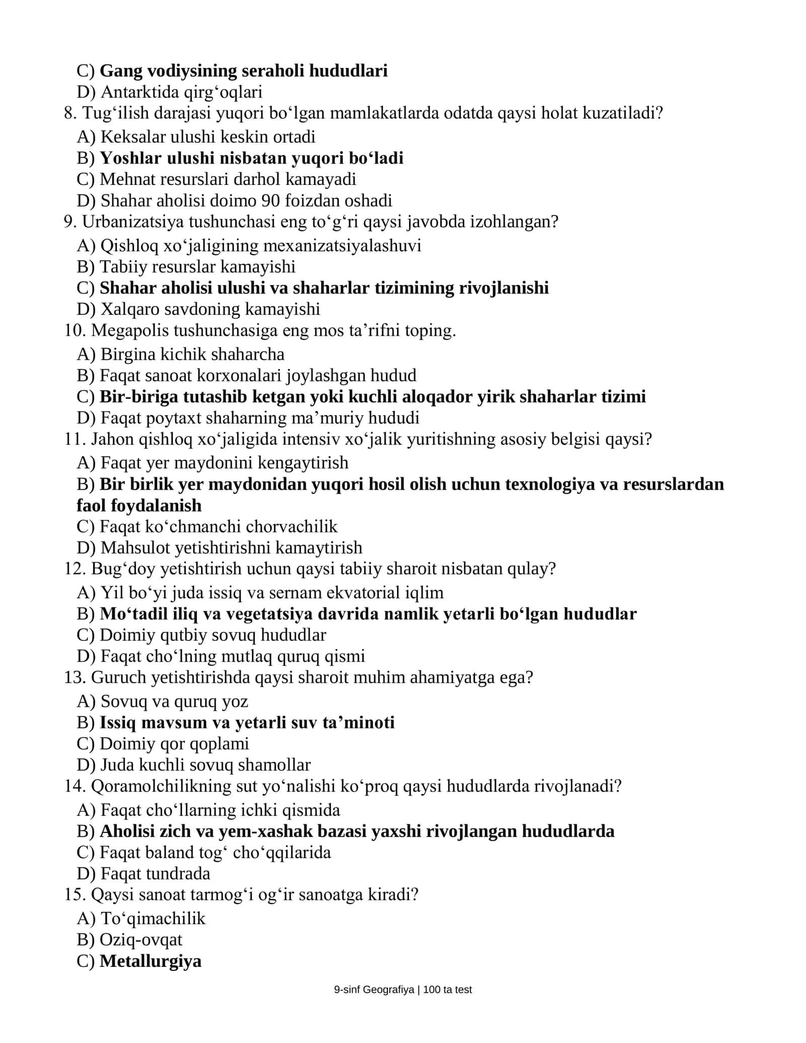 Geografiya fanidan 9-sinflar uchun fan olimpiadasiga tayyorgarlik tetlari javoblari bilan  (100 talik test banki) 2