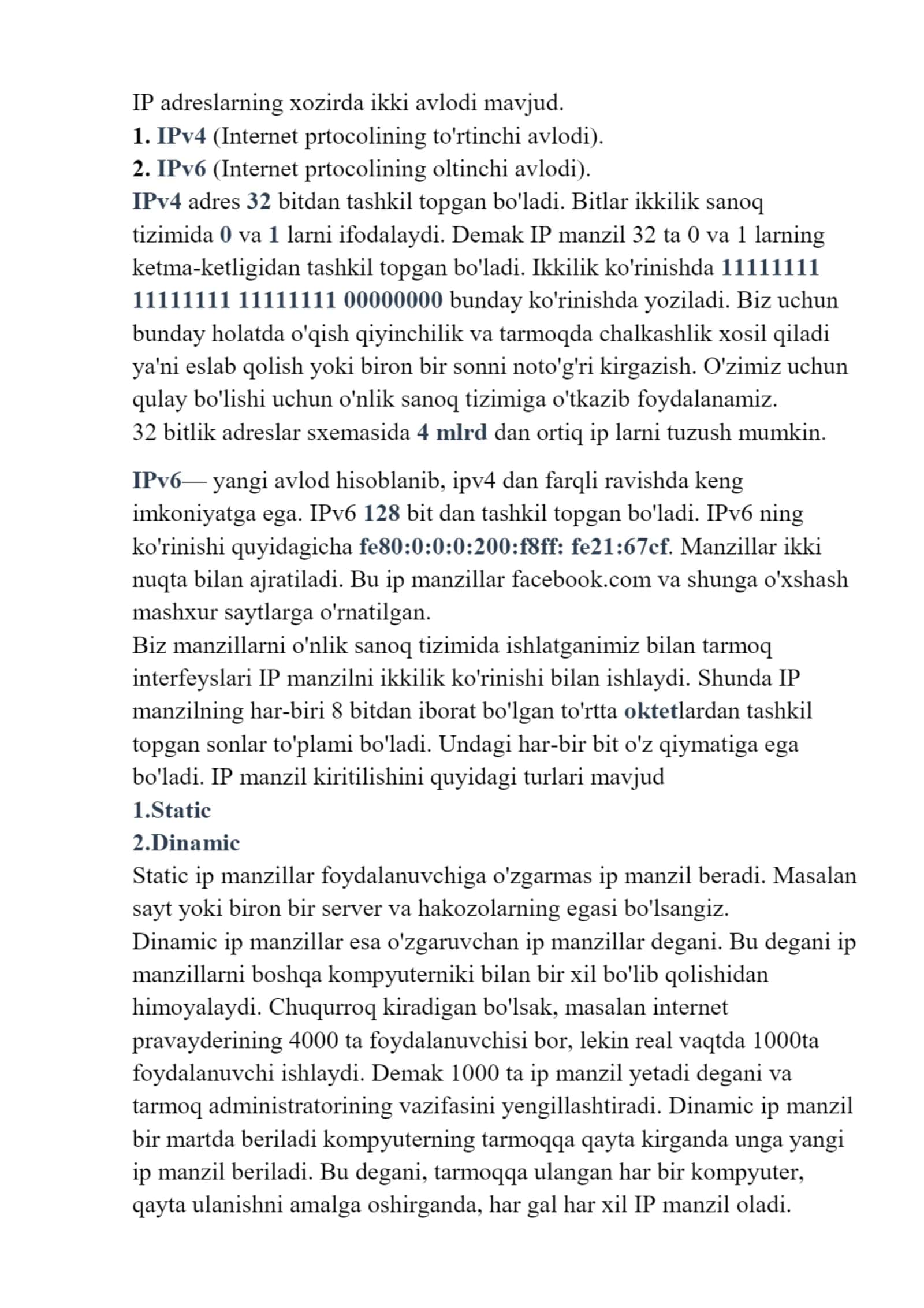 IP adresslar va ularning turlari 2