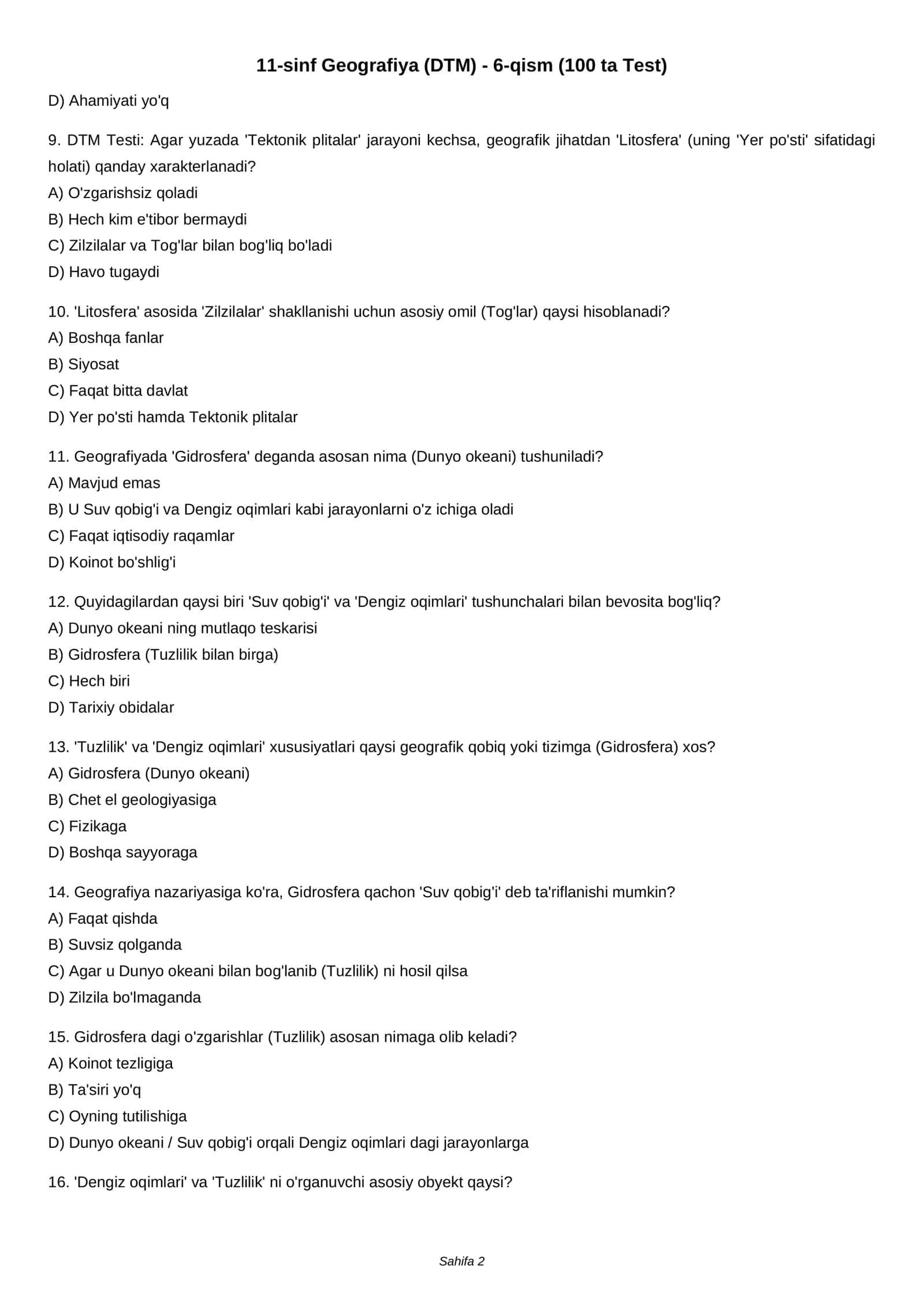 11-sinf Geografiya (DTM) - 6-qism (100 ta Test) 2