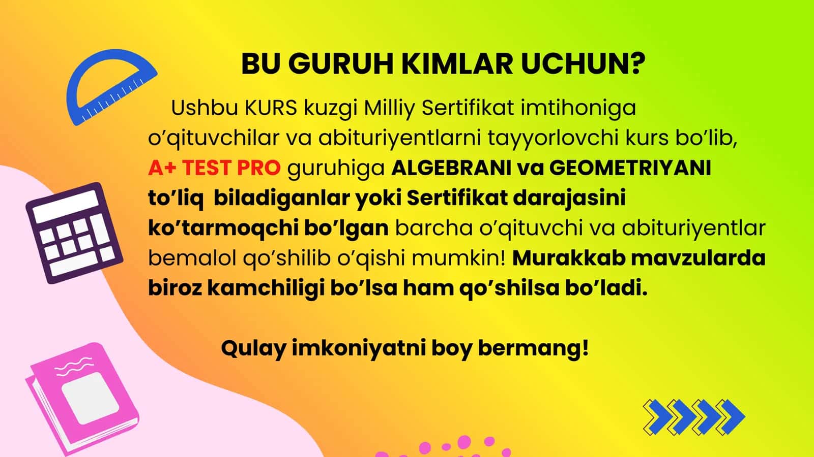 Matematika fanidan USTOZ va ABITURIYENTlarni KUZGI Milliy Sertifikat imtihonlariga tayyorlovchi ONLAYN kurs! 2