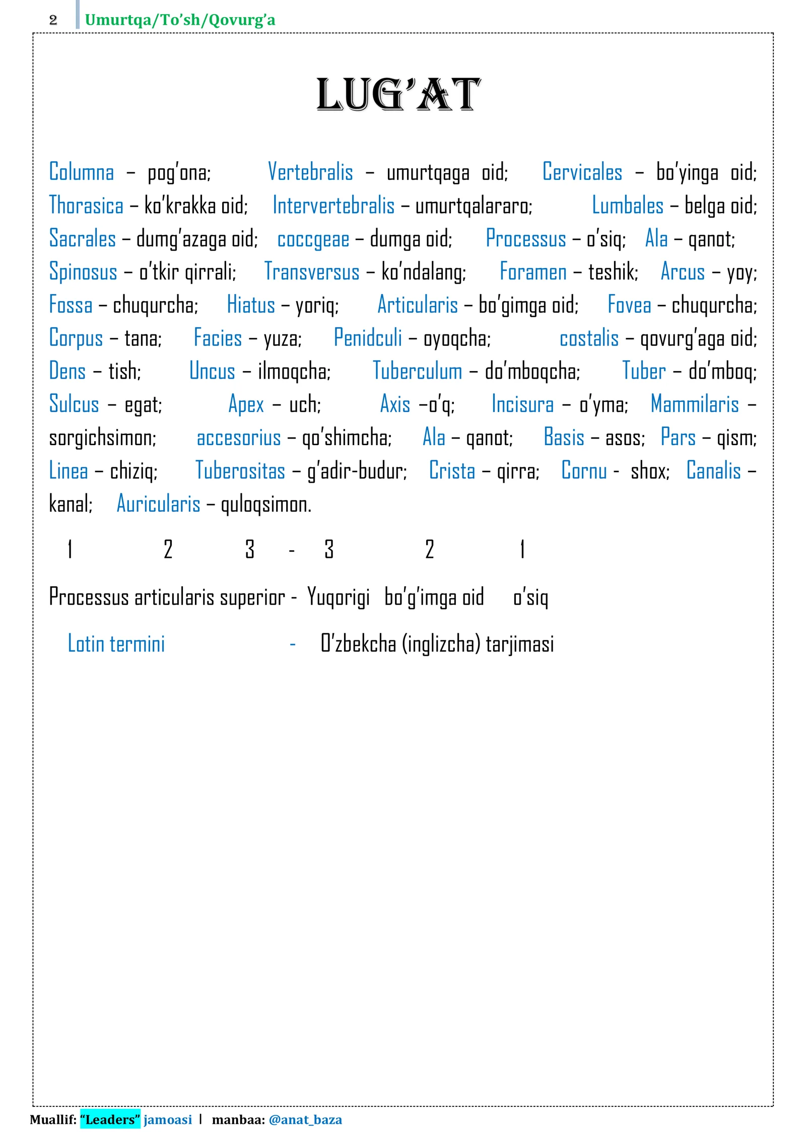 Umurtqa/To’sh/Qovurg’a 2