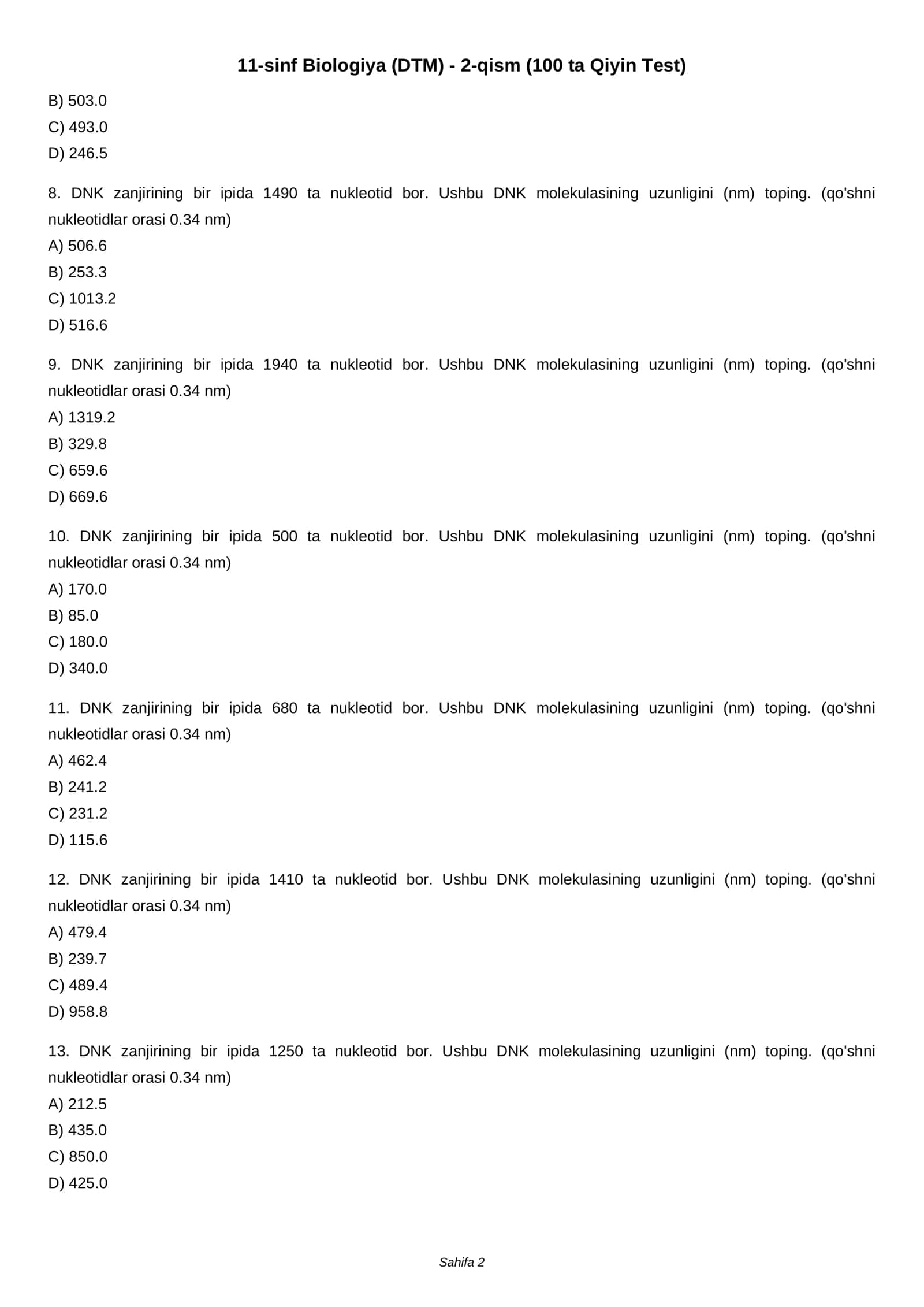 11-sinf Biologiya (DTM) - 2-qism (100 ta Qiyin Test) 2