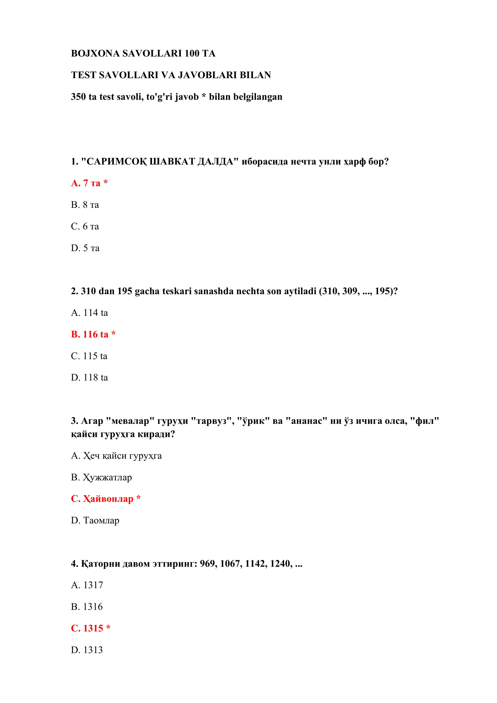 TEST SAVOLLARI VA JAVOBLARI BILAN 2