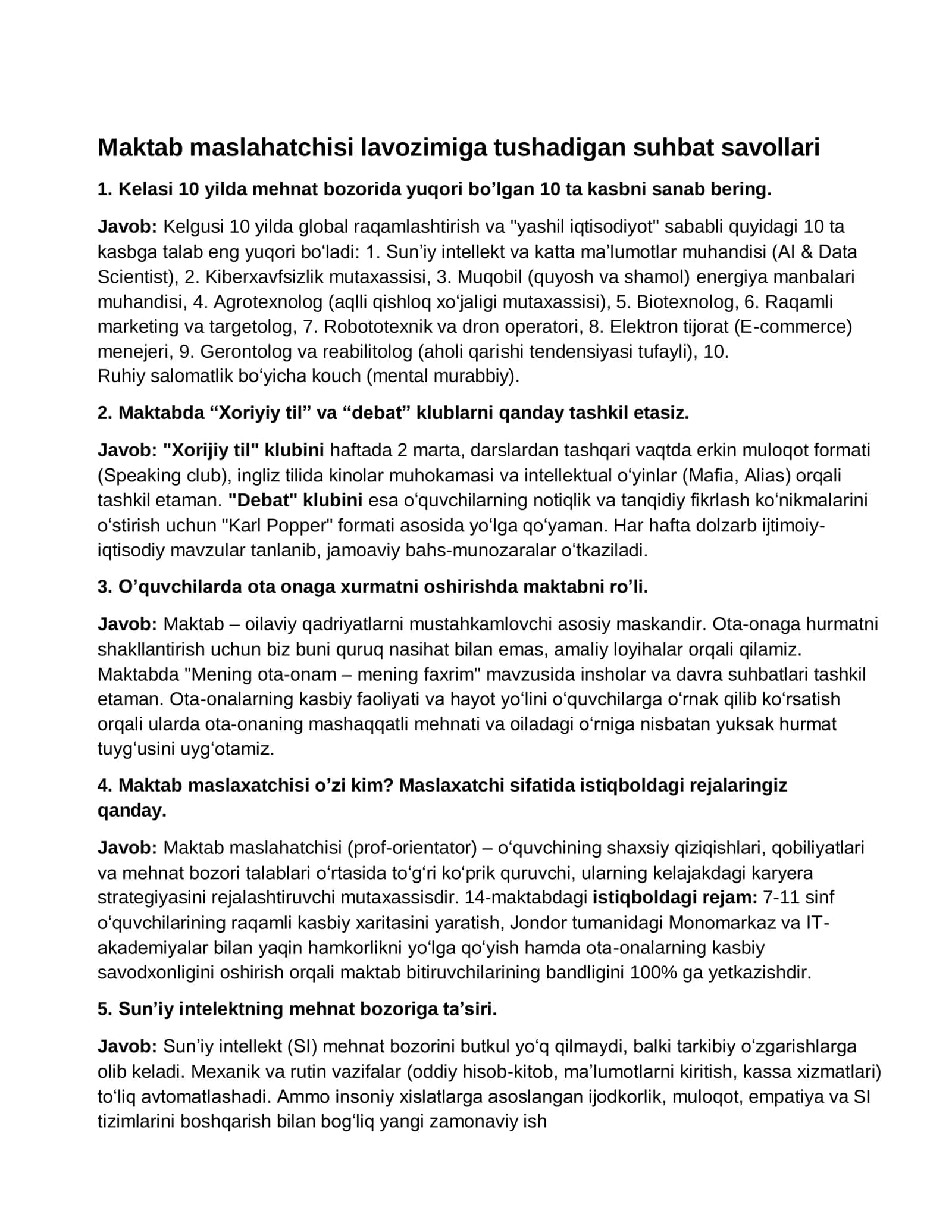 Maktab maslahatchisi lavozimiga tushadigan suhbat savollari 137 ta 2