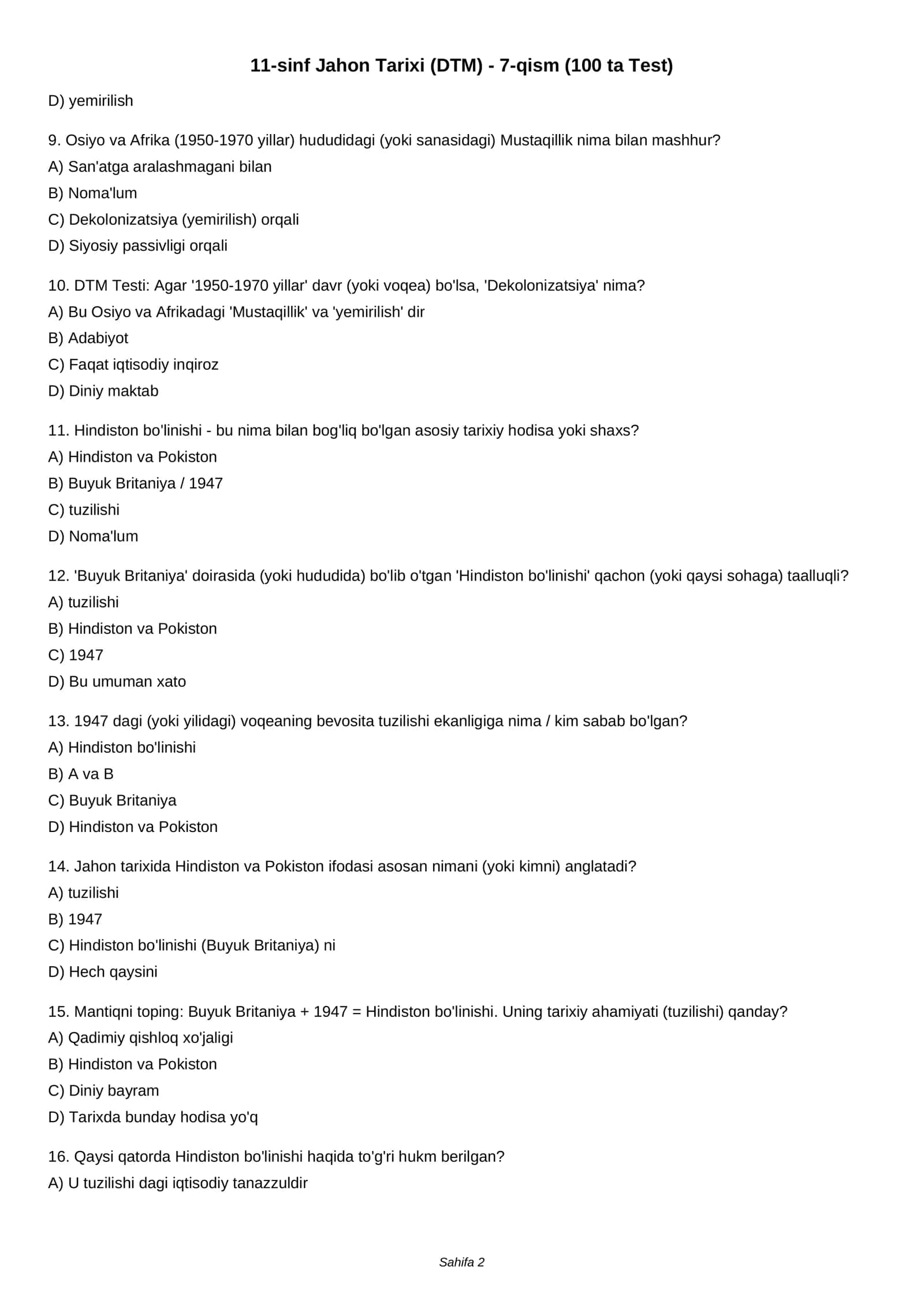 11-sinf Jahon Tarixi (DTM) - 7-qism (100 ta Test) 2