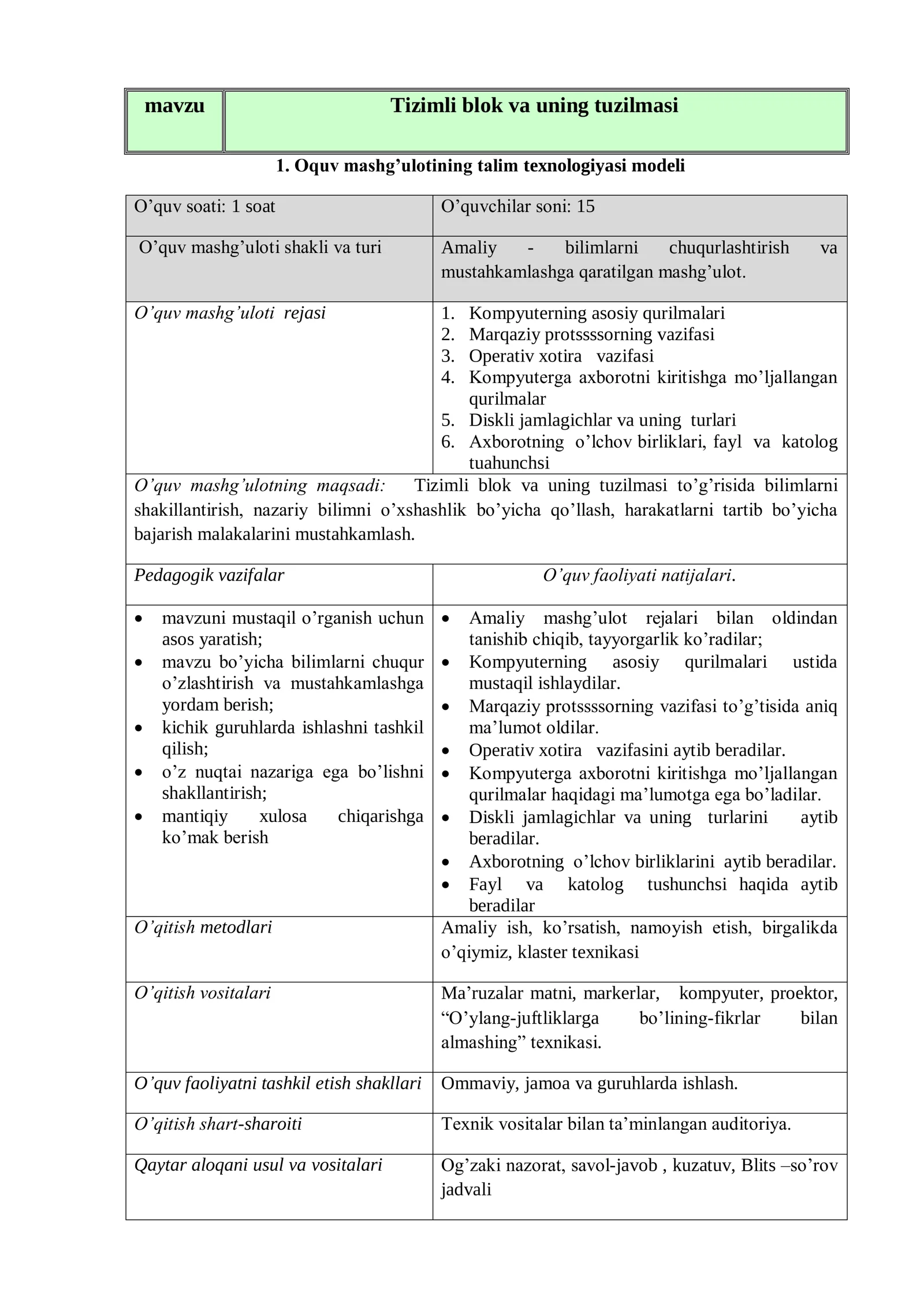 Informatika fanidan Tizimli blok va uning tuzilmasi mavzusida ochiq dars ishlanma 2