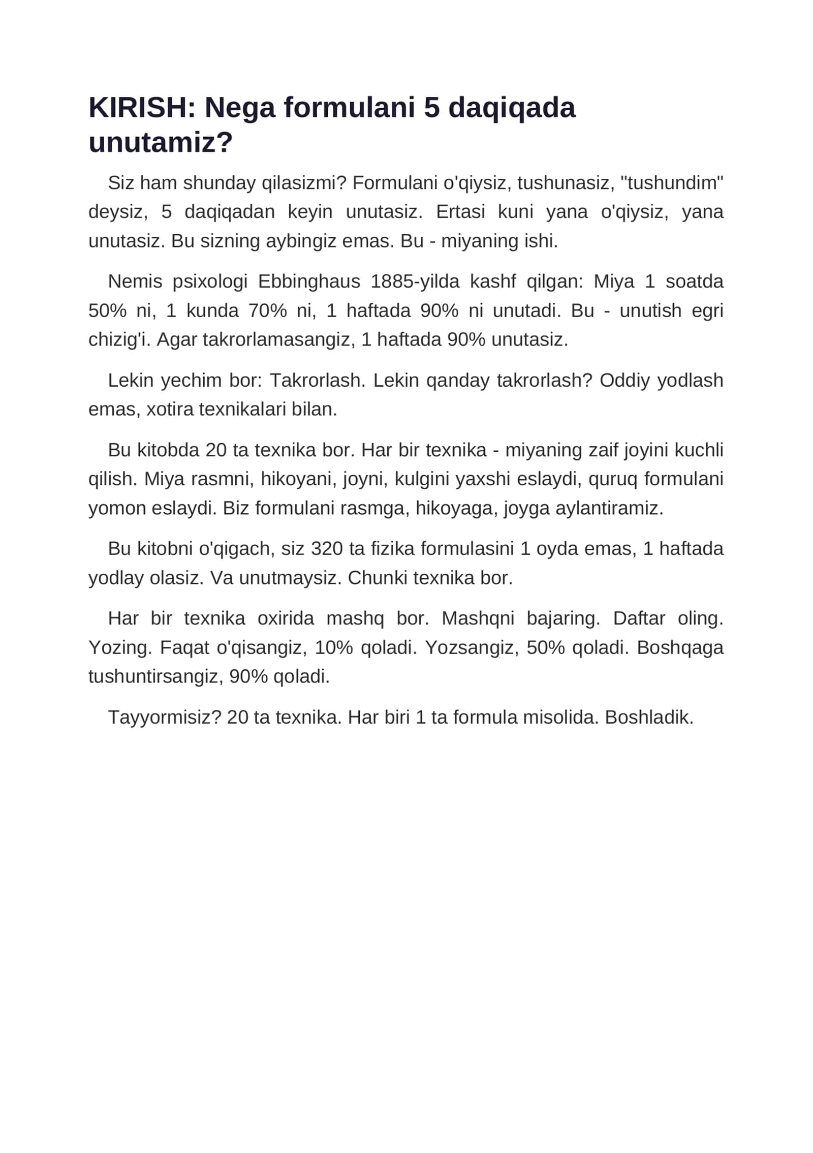 Xotira Texnikalari 20 ta Usul (Formulalarni Unutmaslik) 2