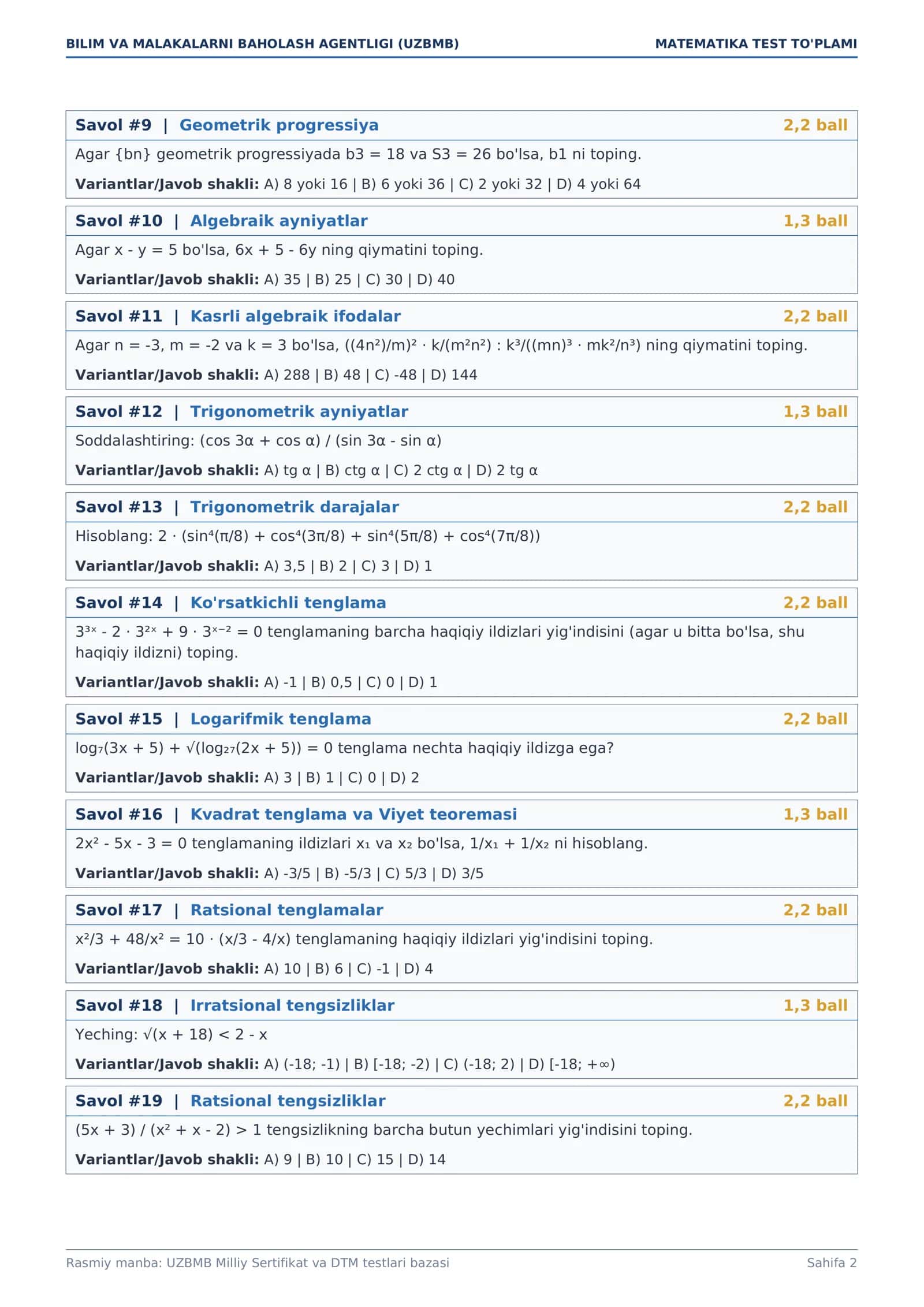 MATEMATIKA TEST TO'PLAMI 2