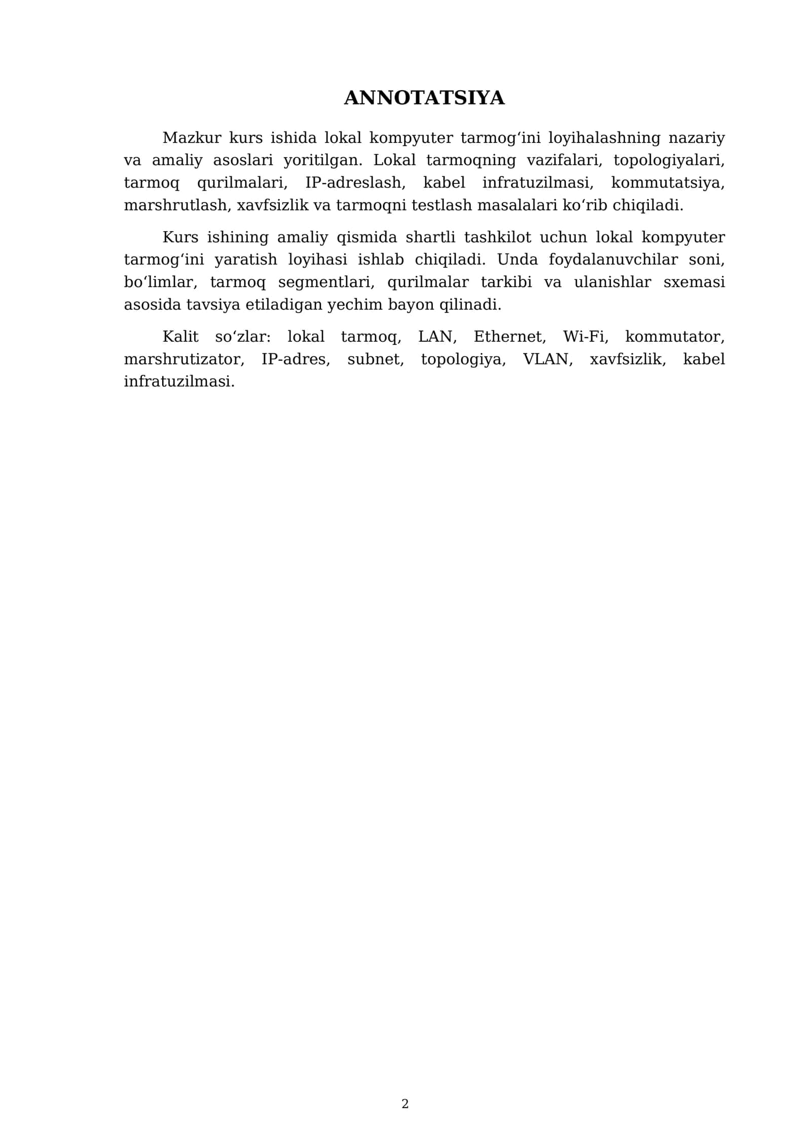 KURS ISHI - Fan: Dasturlash va Web-ishlab chiqish - Mavzu: LOKAL KOMPYUTER TARMOQ‘INI LOYIHALASH 2