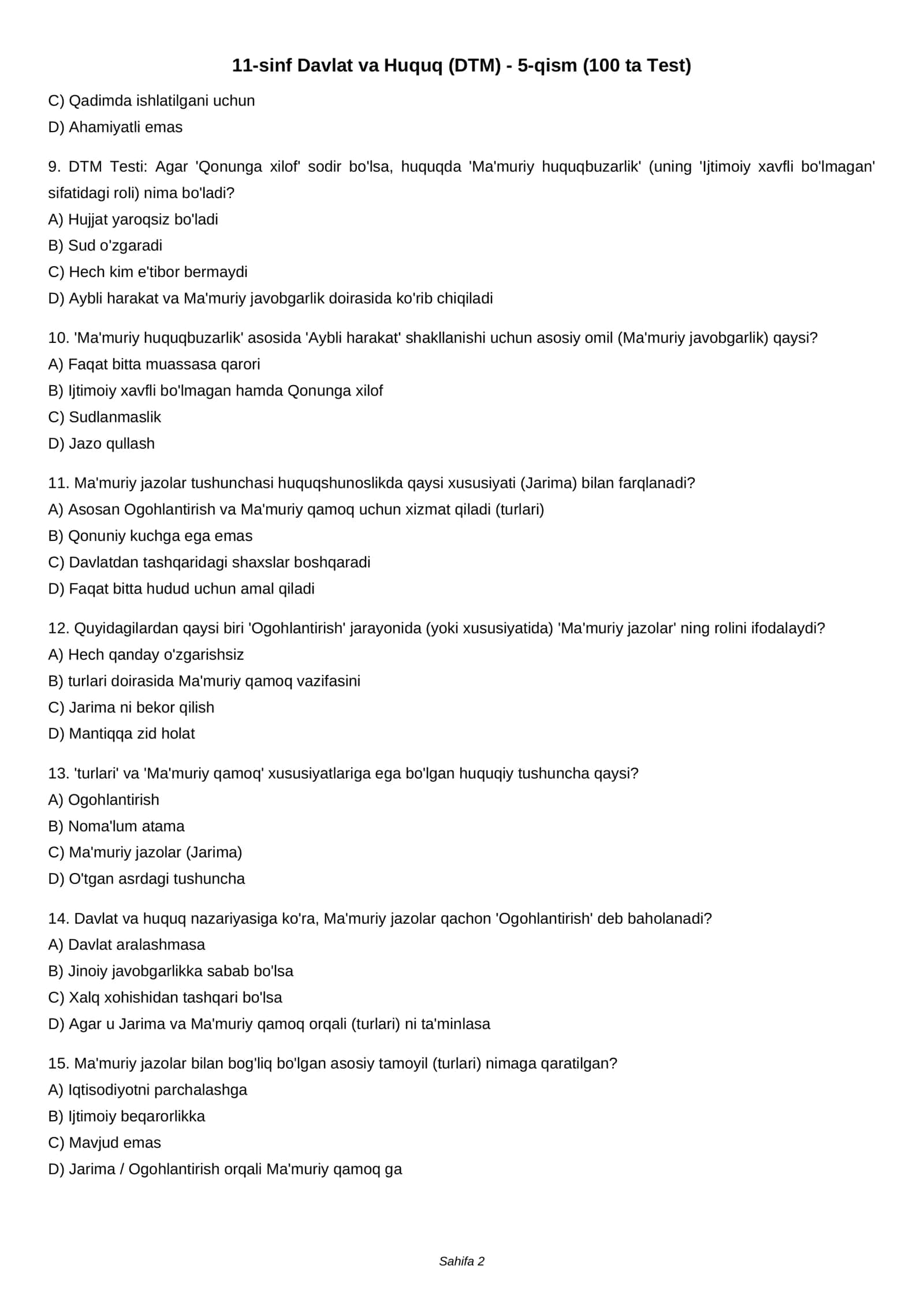 11-sinf Davlat va Huquq (DTM) - 5-qism (100 ta Test) 2