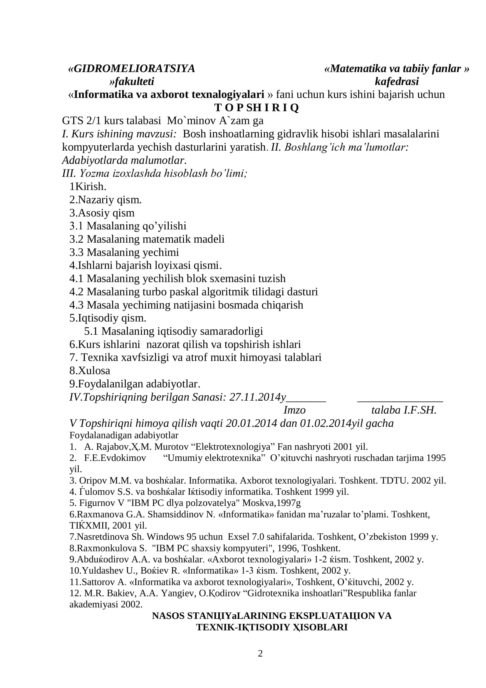 Kurs ishi Bosh inshoatlarning gidravlik hisobi ishlari masalalarini kompyuterlarda yechish dasturlarini yaratish 2