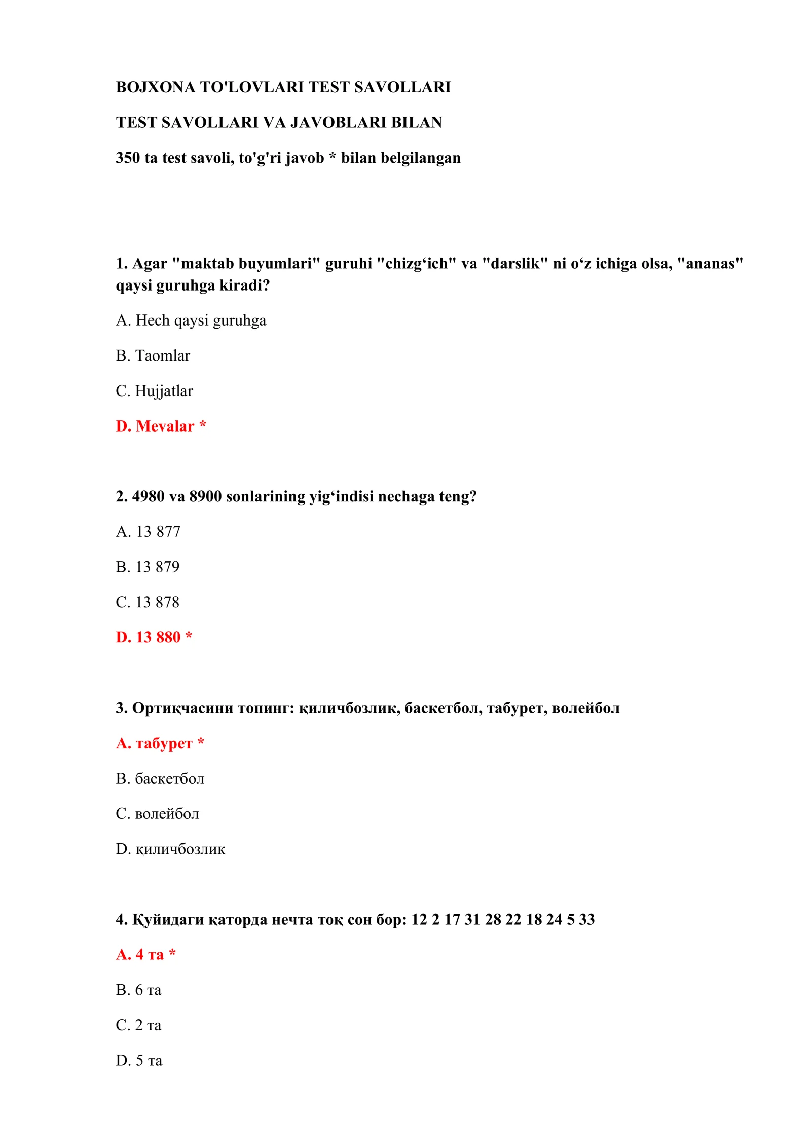 BOJXONA TO'LOVLARI TEST SAVOLLARI 2