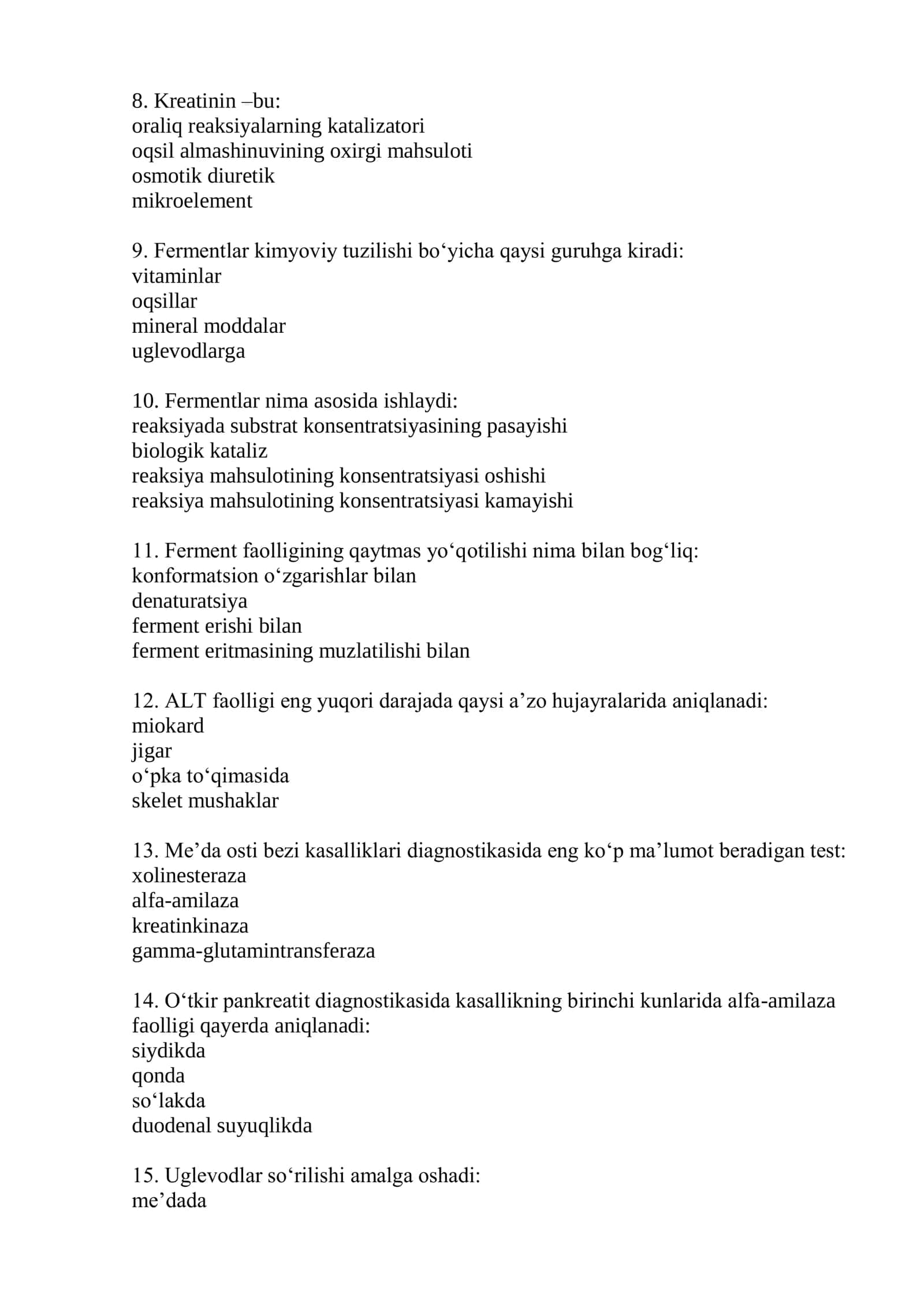 Tibbiy biologik ish mutaxasisiligi boʻyicha shakllantirilgan test savollari roʻyxati 2026 2