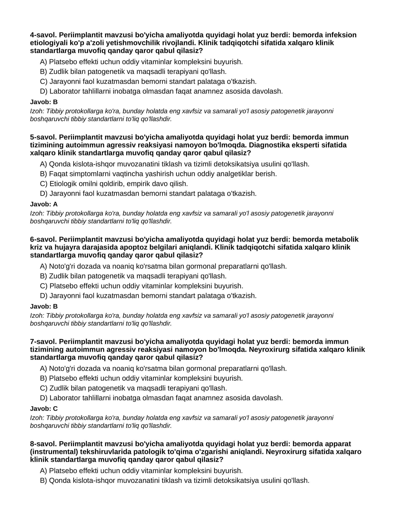 Terapevtik stomatologiya testlar bazasi - Periimplantit - 2-QISM 2