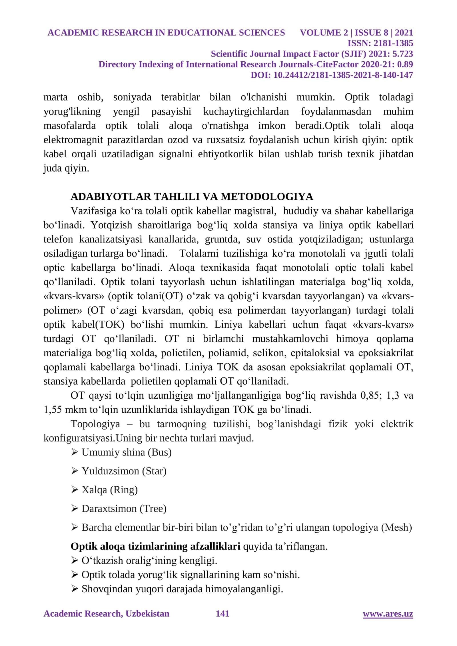 RAQAMLI SIMLI VA SIMSIZ TELEKOMMUNIKATSIYA TARMOQLARINI TUZISH USULLARINI TAHLIL QILISH 2