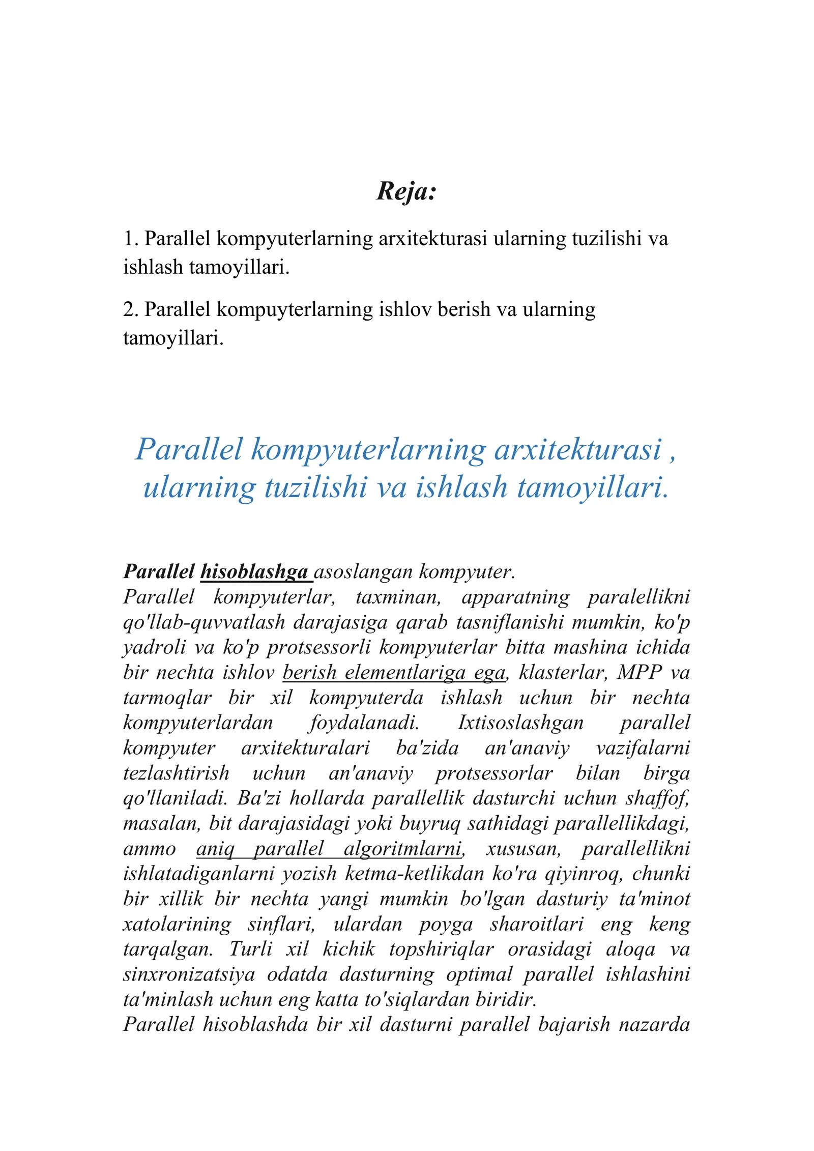 Parallel kompyuterlarning arxitekturasi 2