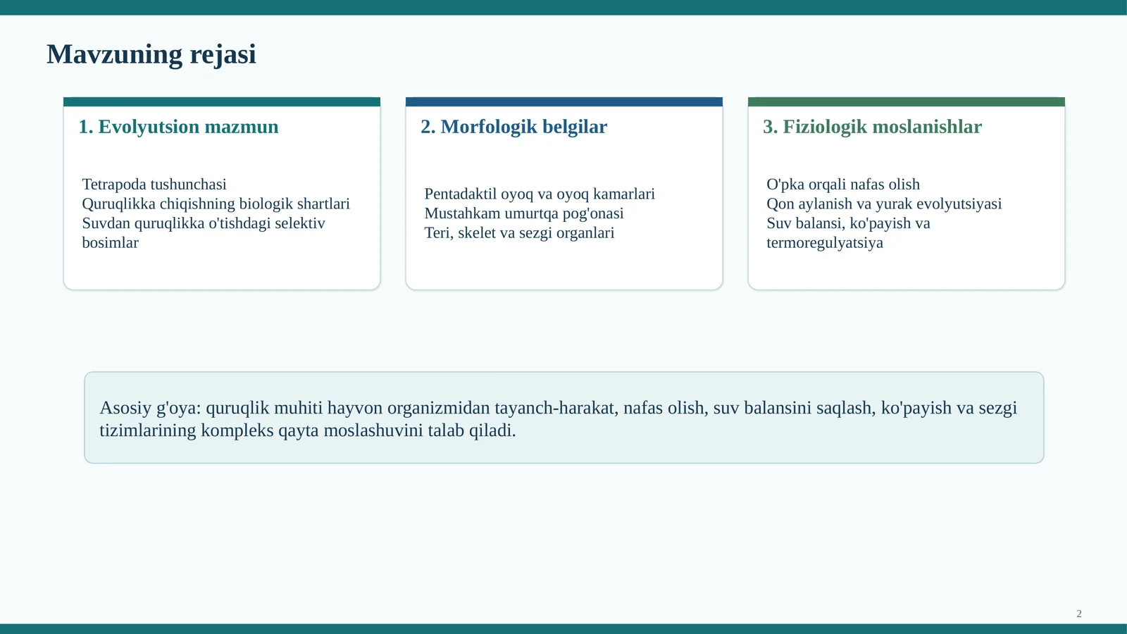 Tetrapoda katta sinfiga mansub hayvonlarning quruqlikda yashashini ta'minlovchi morfofiziologik belgi va xususiyatlar 2