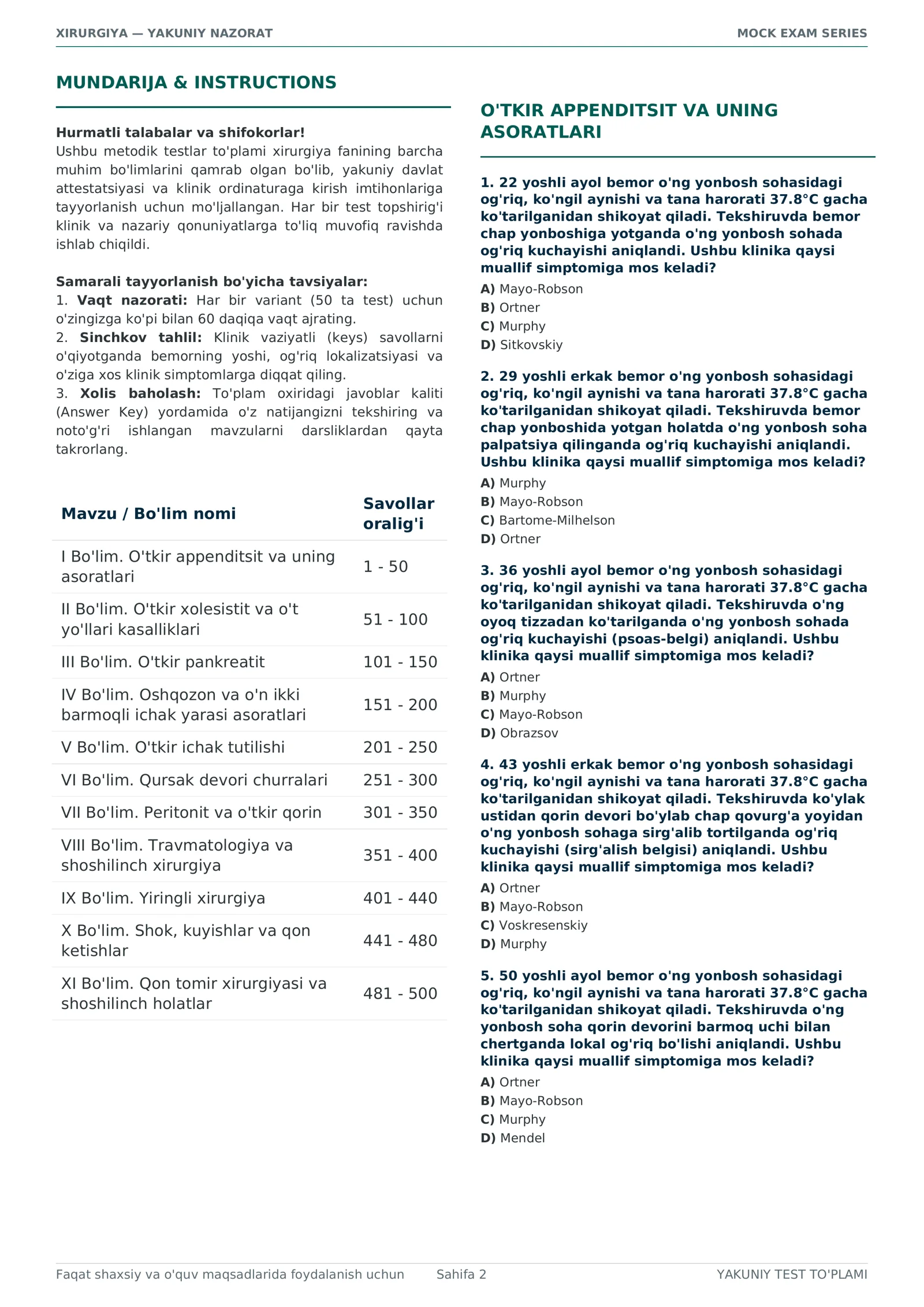 Xirurgiya — yakuniy nazorat uchun 500 ta test savoli + javoblari 2