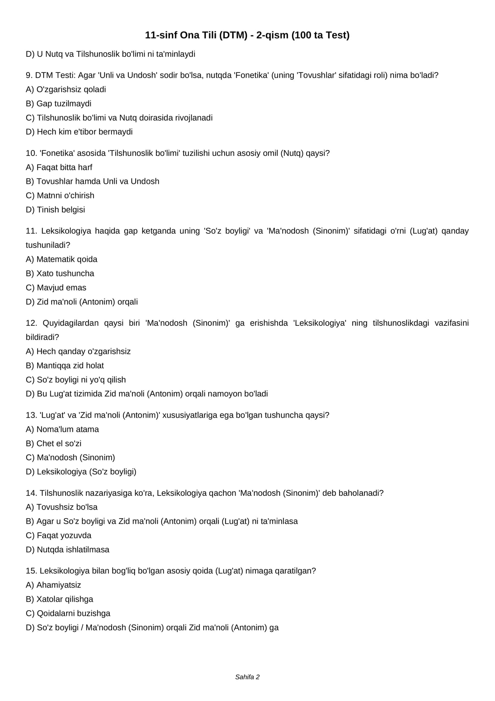 11-sinf Ona Tili (DTM) - 2-qism (100 ta Test) 2