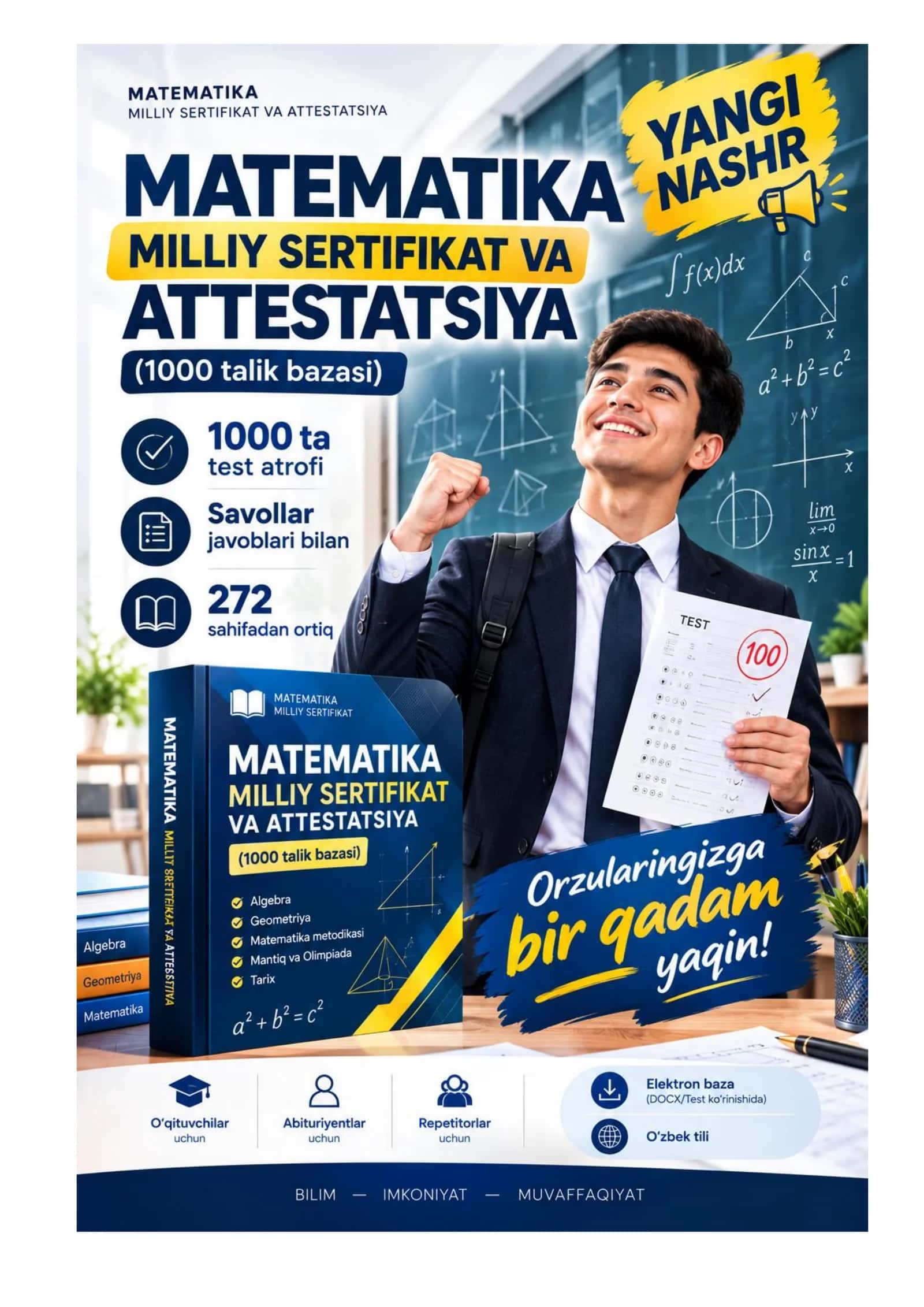 Matematika: Milliy sertifikat va Attestatsiya YANGI NASHR – Oltin Baza Test (1000 ta savollarga javoblari bilan) 2
