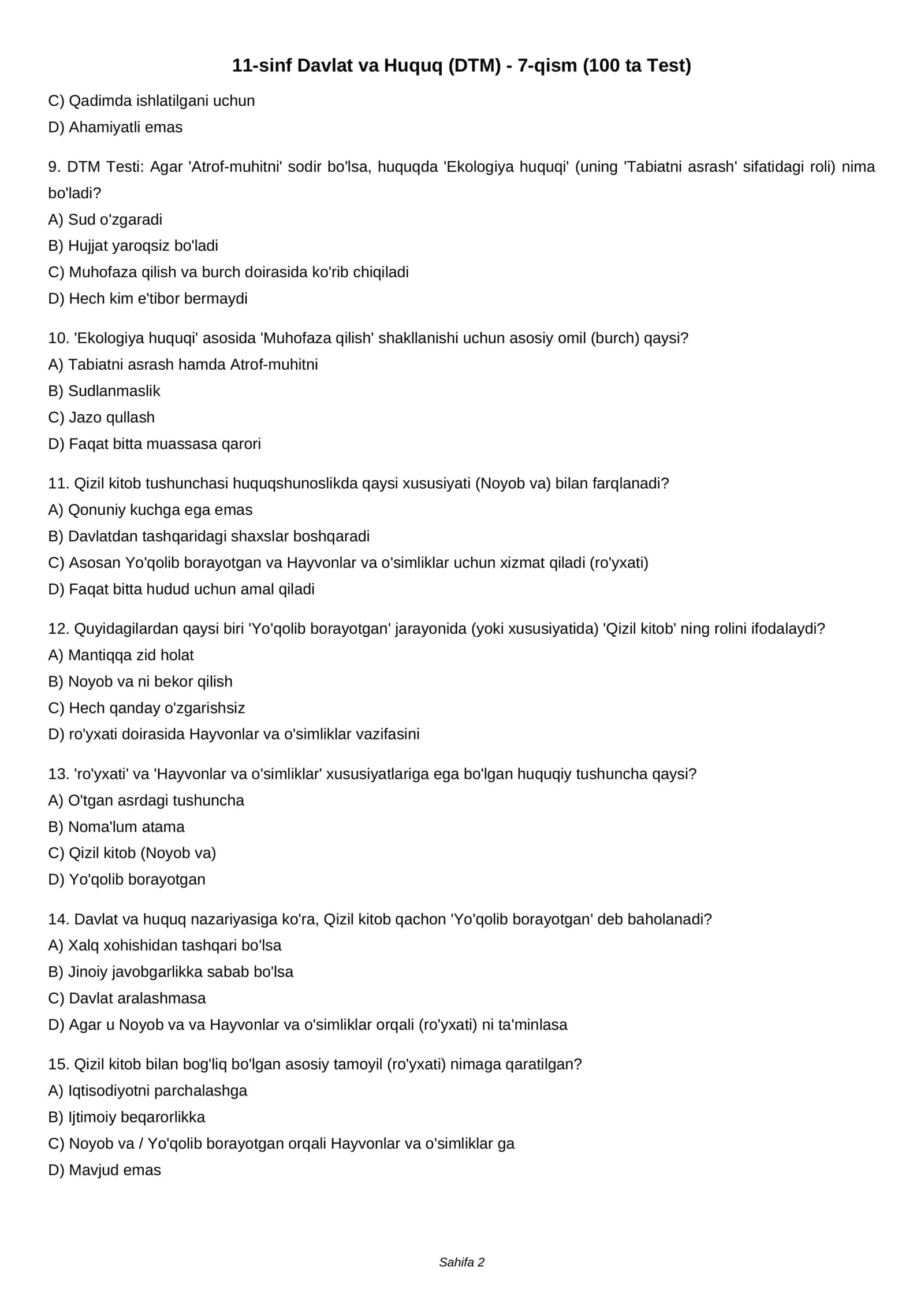 11-sinf Davlat va Huquq (DTM) - 7-qism (100 ta Test) 2