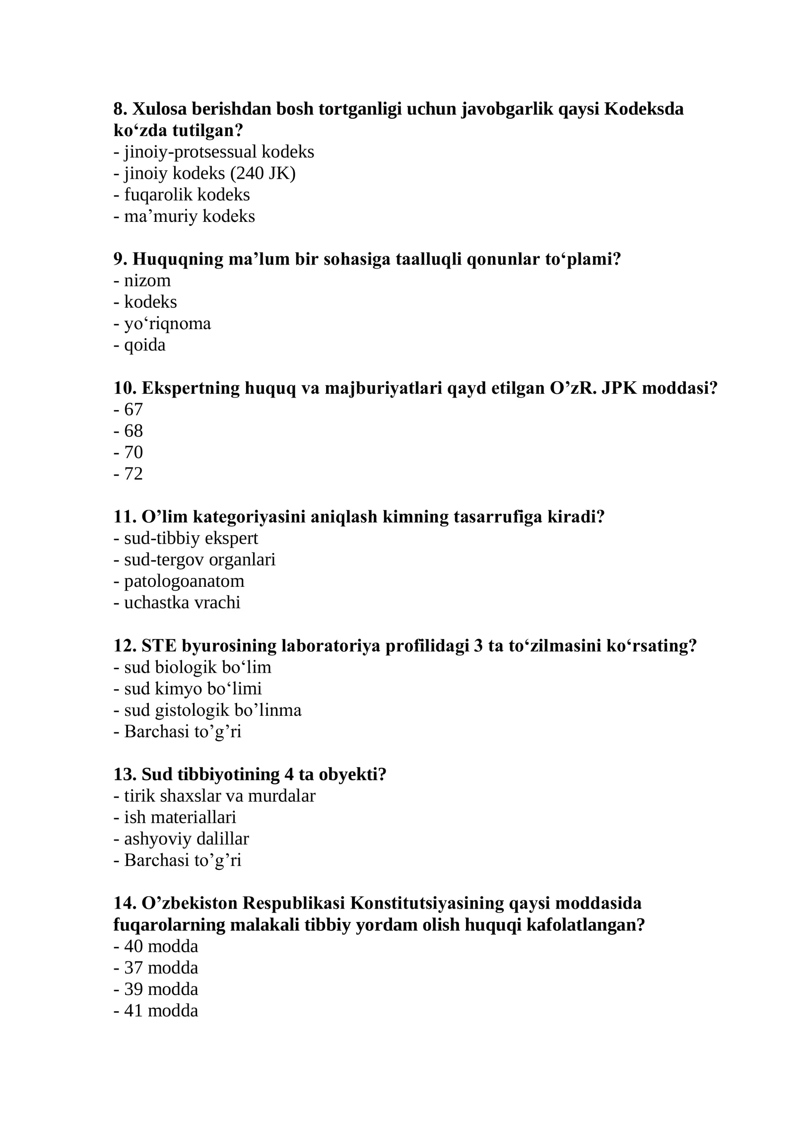 Laboratoriya ishi (Sud-tibbiyoti laboratoriyalari laboranti) mutaxassisligi bo’yicha shakllantirilgan test savollari ro’yxati 2