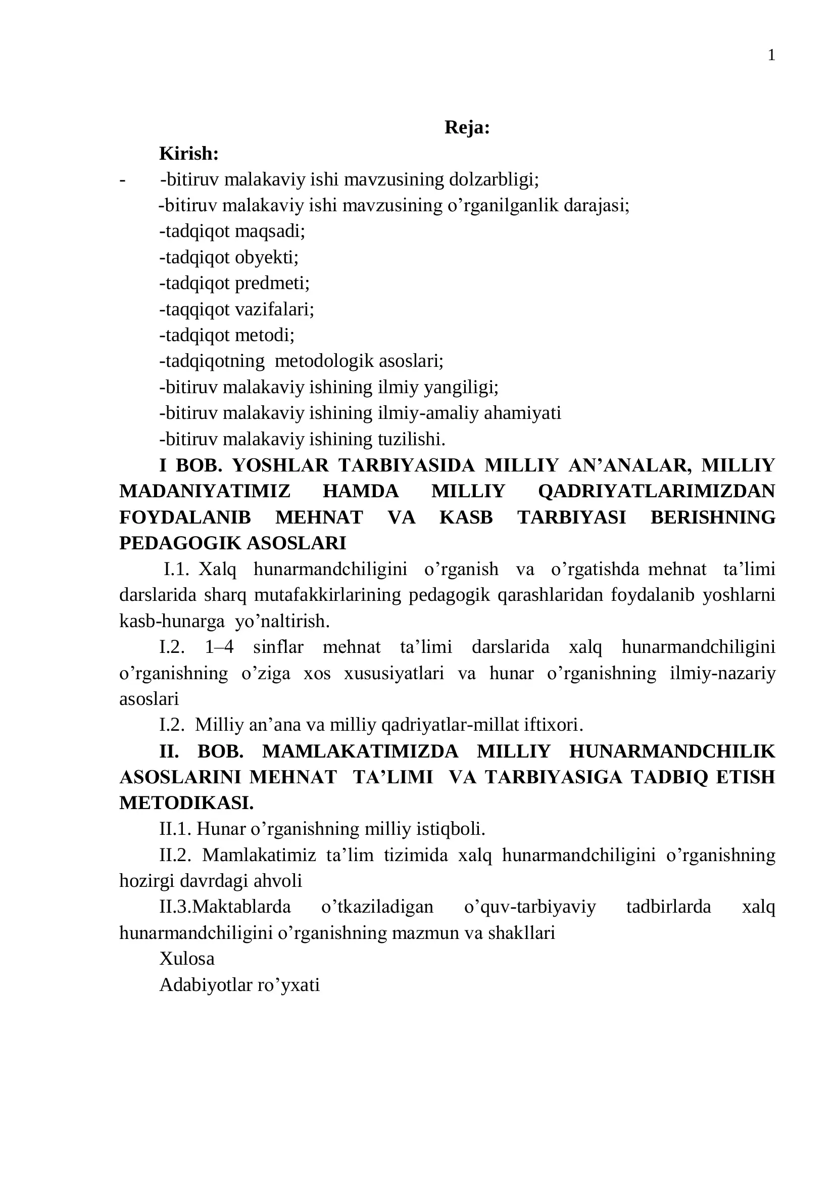 MEHNAT TA'LIMI DARSALARIDA XALQ AN'ANALARIDA KASB VA MEHNAT TARBIYASINING TUTGAN O'RNI MALAKAVIY BITIRUV ISHI 2