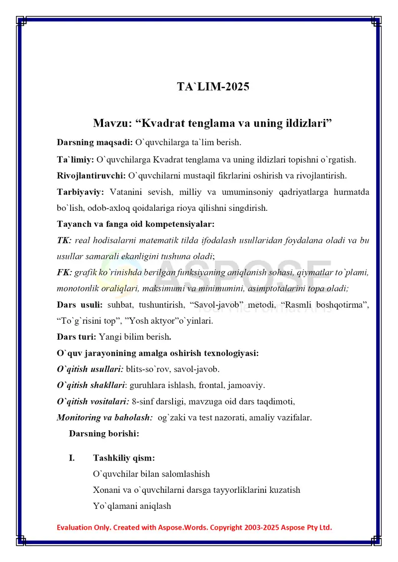 Dars ishlanma MATEMATIKA Kvadrat tenglama 2