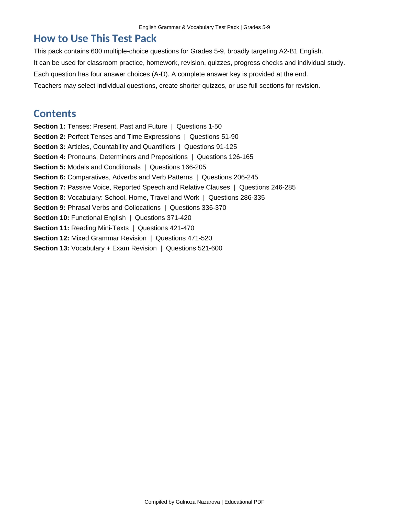 English Grammar & Vocabulary Test Pack — Grades 5–9 — ingliz tili o‘qituvchilari va o‘quvchilari uchun tayyor, amaliy va vaqt tejovchi testlar to‘plami. 2