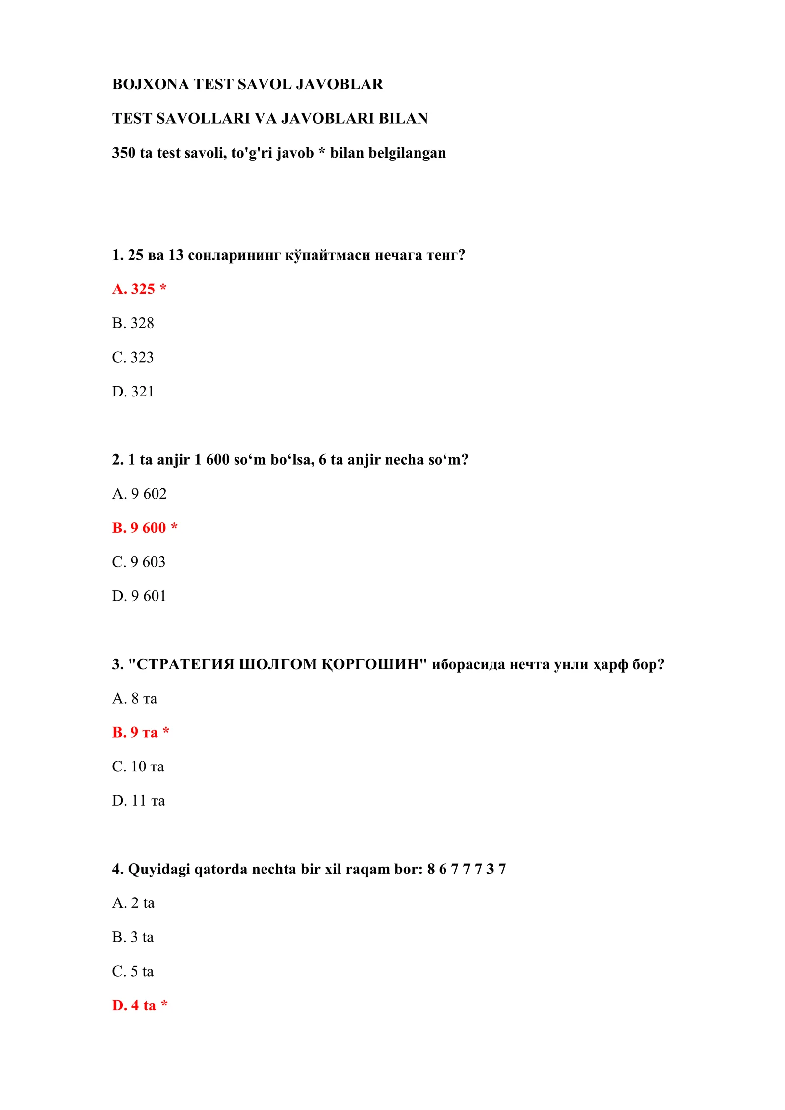 BOJXONA TEST SAVOL JAVOBLAR 2