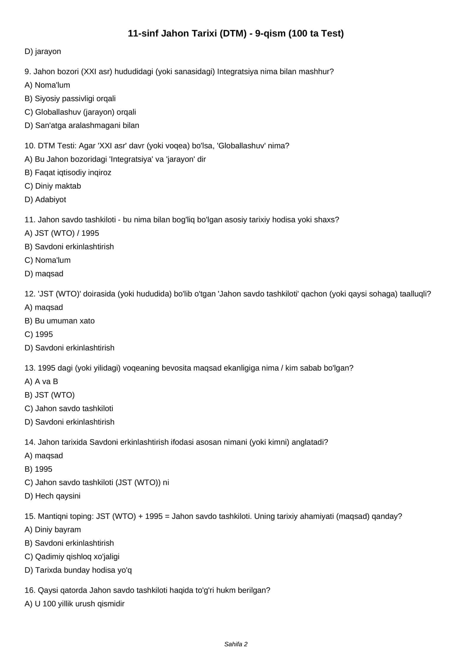 11-sinf Jahon Tarixi (DTM) - 9-qism (100 ta Test) 2
