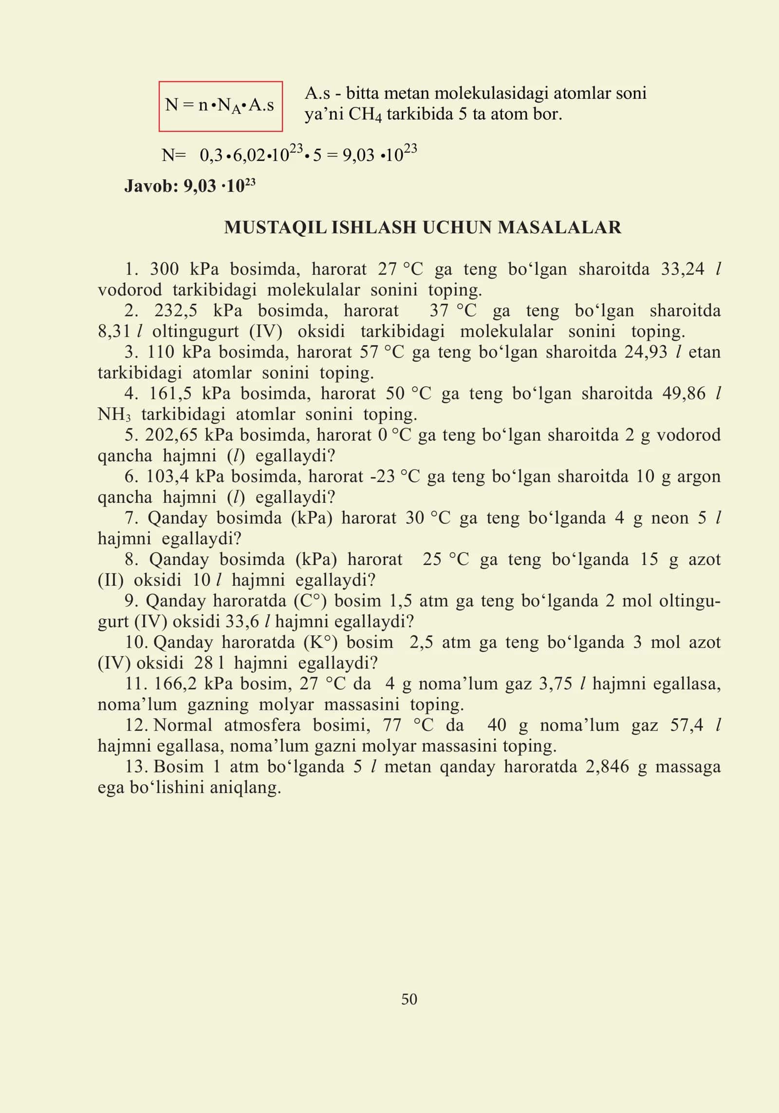 7-masala: 124,65 kPa bosim, temperatura 77 °C ga teng bo‘lganda, 2