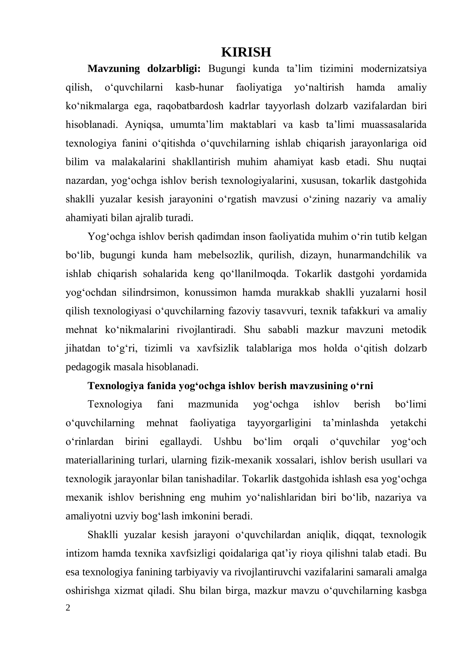OQUVCHILARGA “YOGOCHGA ISHLOV BERISH: TOKARLIK DASTGOHIDA SHAKLLI YUZALAR KESISH” MAVZUSINI O„QITISH METODIKASI 2