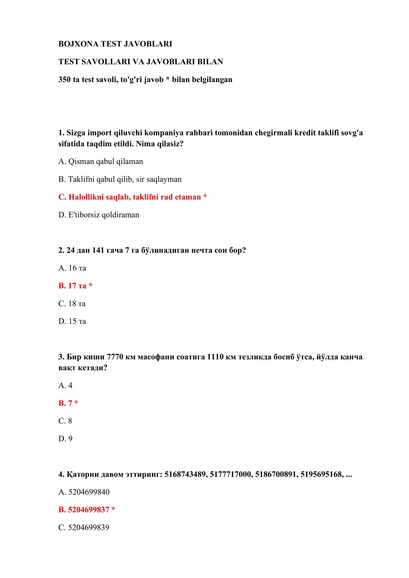 BOJXONA TEST JAVOBLARI 2