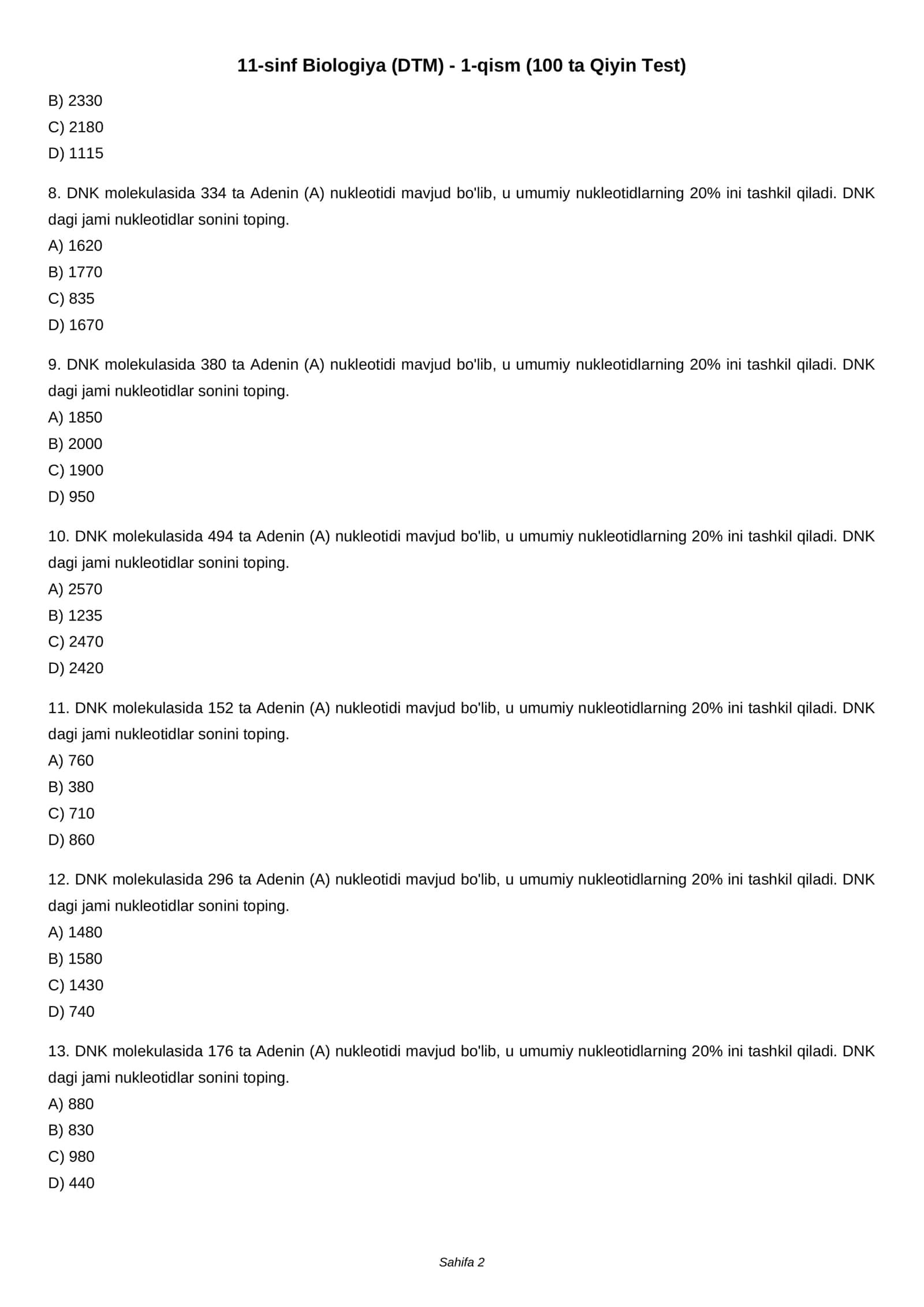 11-sinf Biologiya (DTM) - 1-qism (100 ta Qiyin Test) 2