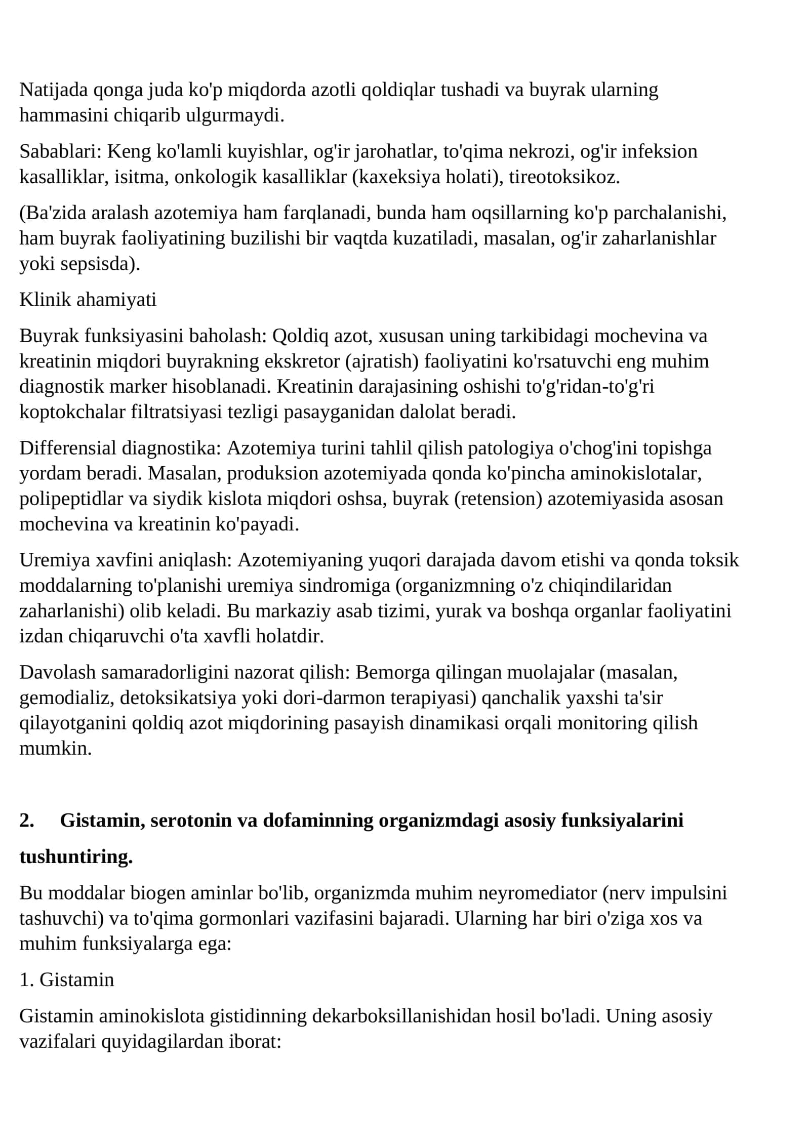 Pediatriya ishi Davolash ishi yo’nalishi Normal Biokimyo Fanidan ON savollariga GOOGLE asosida qisqacha yozilgan javoblar 2