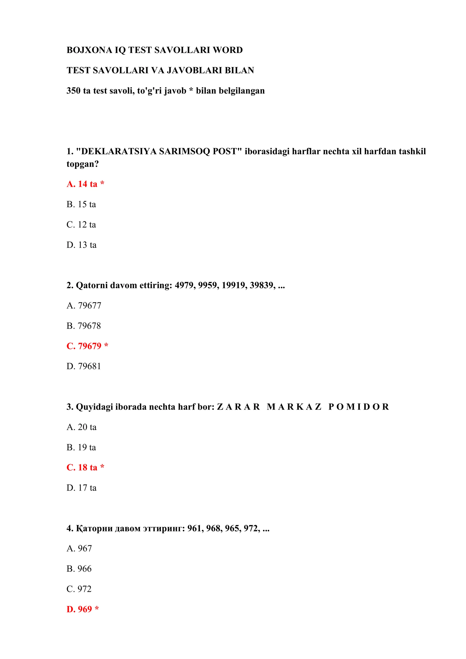 BOJXONA IQ TEST SAVOLLARI WORD 2